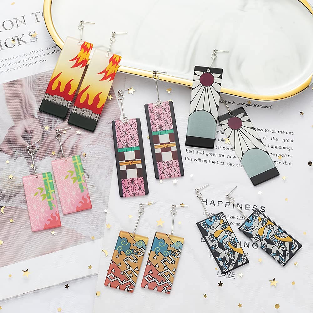 KAERUN 12 Pairs Anime Hanafuda Earrings Set-Tanjiro Earrings Anime Demon Slayer Cosplay Fashion Accessories Double-sided Acrylic Resin Drop Earring for Friends Halloween Birthday Mothers Day Gifts