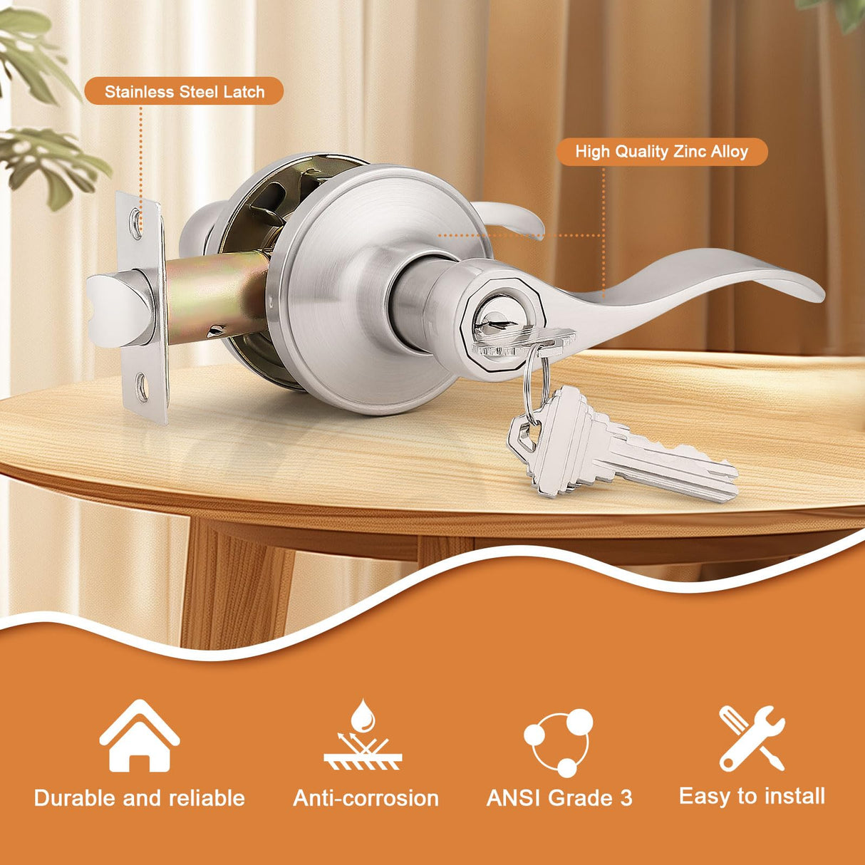 Probrico (2 Pack Wave Style Keyed Alike Entry Levers, Exterior Interior Satin Nickel Keyed Door Handles with Lock and Same Keys, Reversible for Right Left Handed Doors
