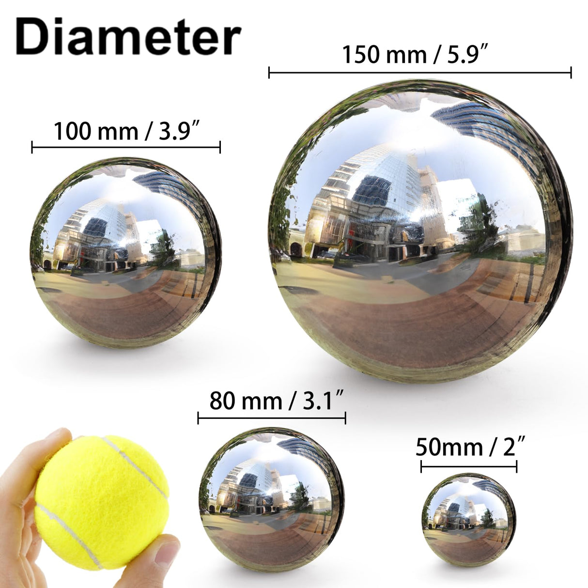 yarlung 10 Pack Stainless Steel Gazing Balls, 50-150 mm Garden Mirror Globe Floating Pond Sphere, Silver Polished Hollow Ball Reflective Ornament for Home Yard Outdoor Lawn Decoration