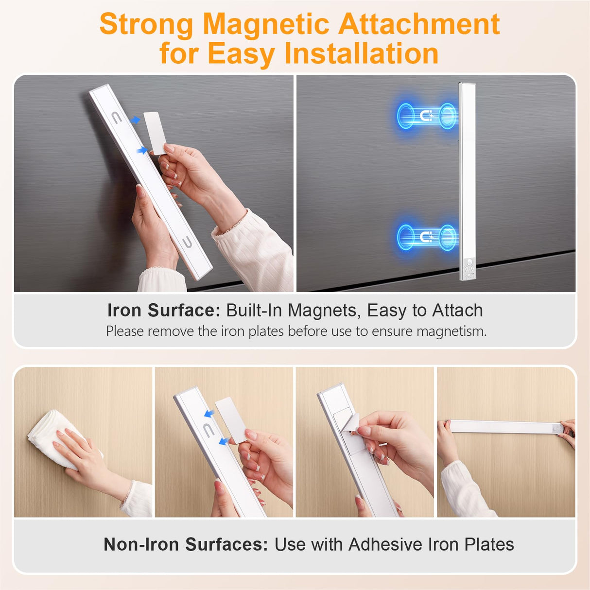 Gritin 14.7inch Under Cabinet Lighting Rechargeable 2 Pack- 3 Color Temps&5 Level Brightness, Super Bright, 4 Modes, Motion Sensor, Long Lasting - Easy Installation Magnetic Under Closet Lights-Silver