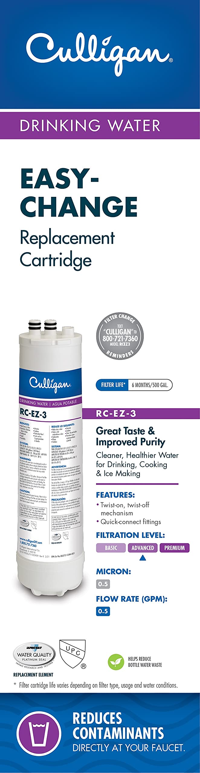 Culligan RC-EZ-3 Easy Change Advanced Water Filtration Replacement Cartridge, 500 Gallons, (Pack of 1)