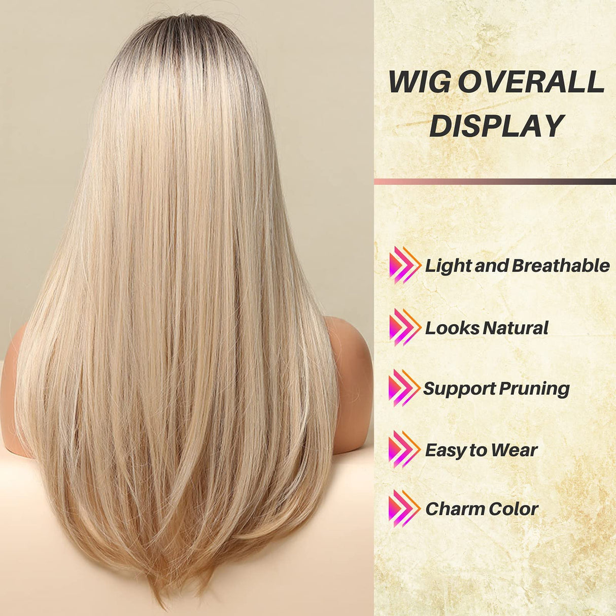 Honygebia Long Blonde Wig with Bangs - Ombre Dark Root Blonde Wigs for White Women, Striaght Wavy Synthetic Heat Resistant Hair, Natural Cute Wigs for Halloween/Christmas/Cosplay/Party