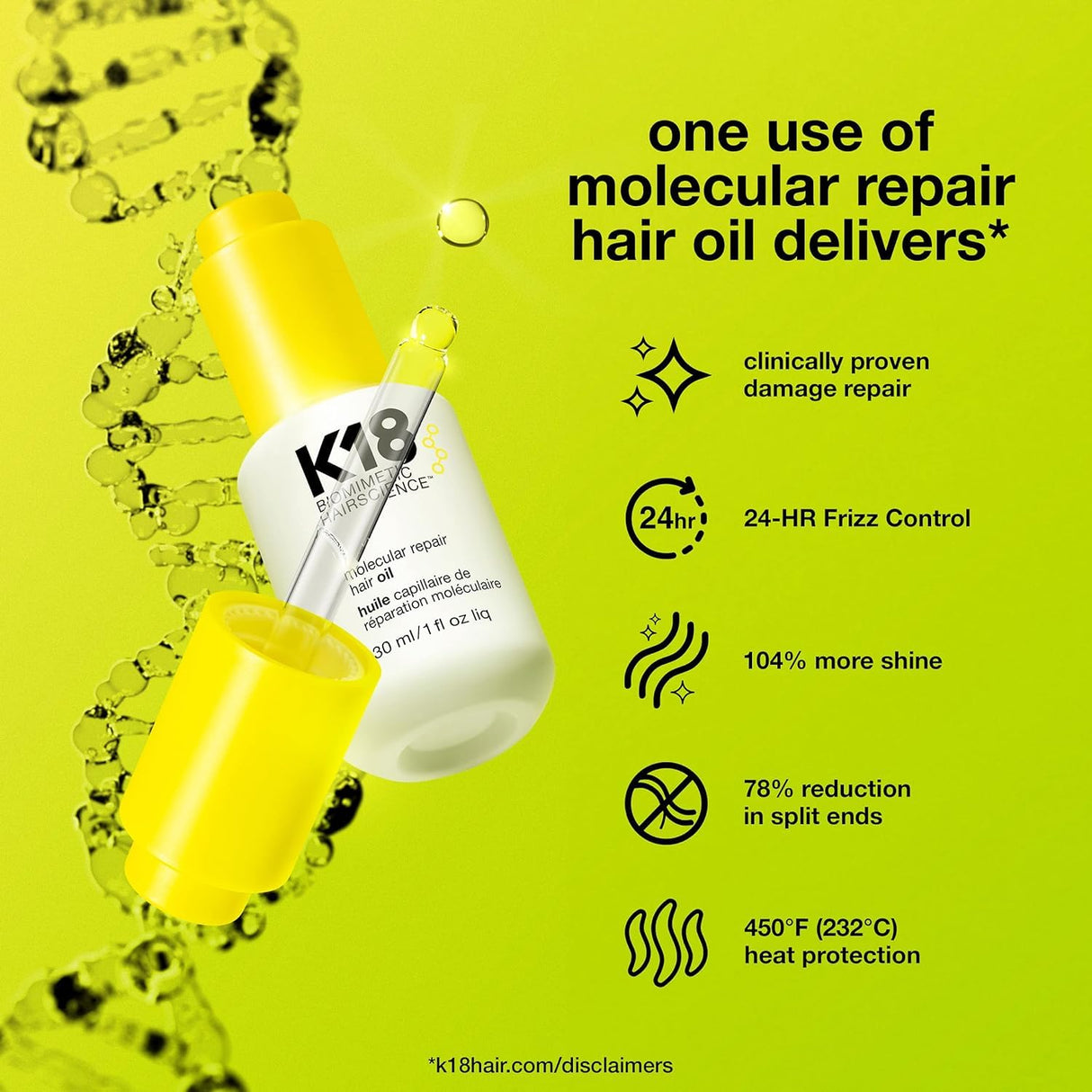 K18 Molecular Repair Hair Oil, Weightless Oil for Stronger, Healthier Hair, Suitable For All Hair Types, 1 Fl Oz