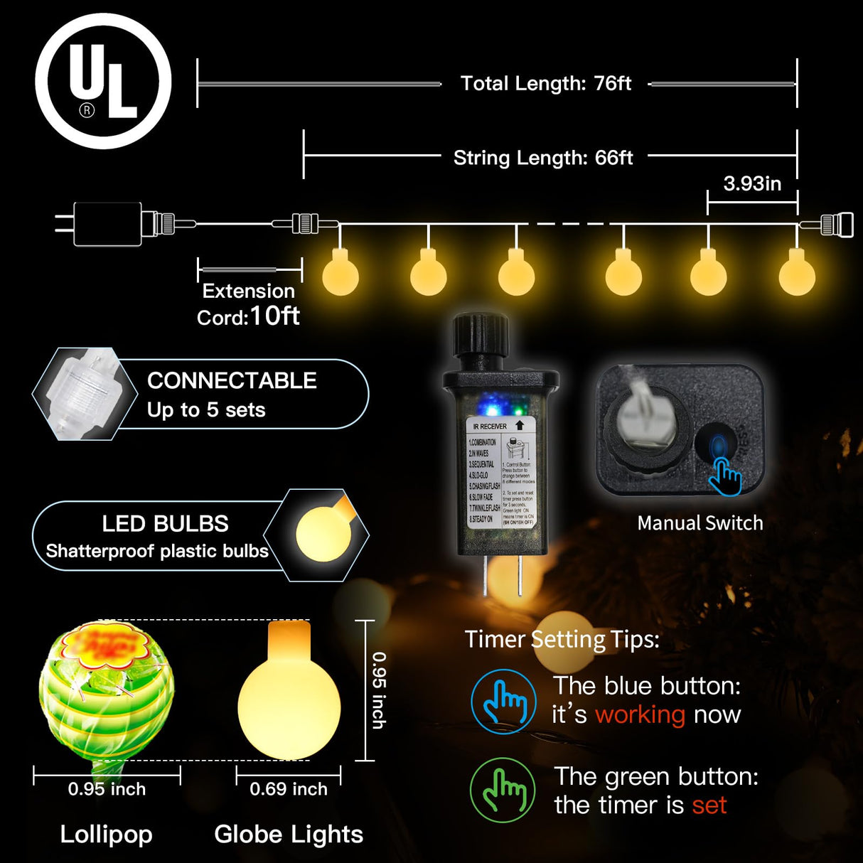 suddus String Lights for Bedroom, 66ft 200 Led Connectable Globe String Lights Indoor, Hanging Fairy Lights Plug in with Remote for Kids Room Dorm Classroom Outdoor Christmas Tree Decor, Warm White
