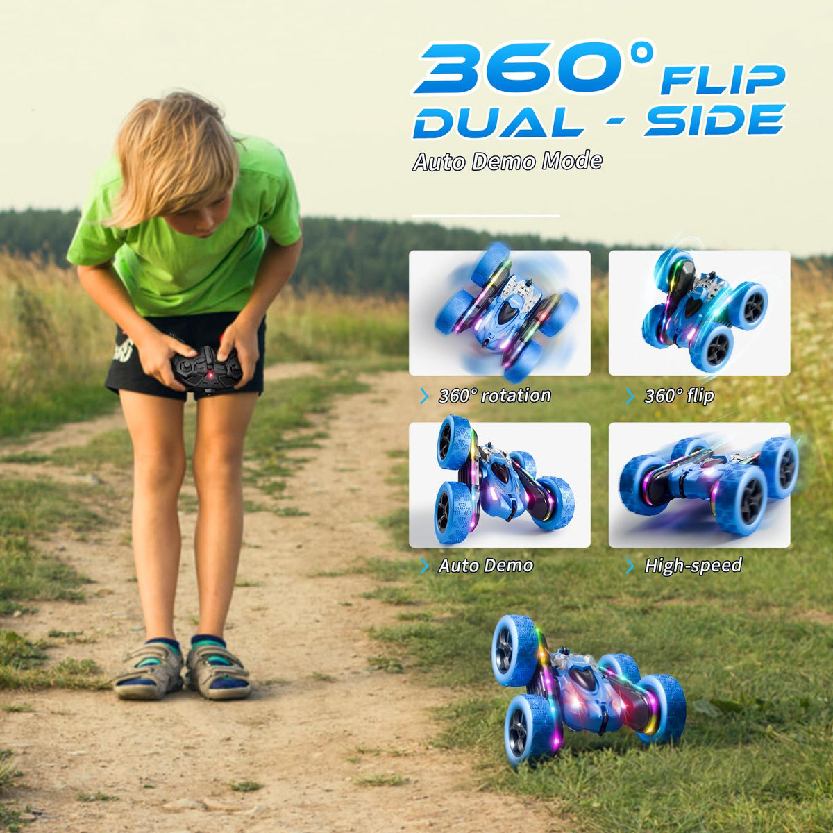 Zalneo Remote Control Stunt Car 4WD 360° Flip Double‑Sided RC Cars, LED Light Bar, USB‑C Modular Battery, 2.4 GHz Outdoor Beach Toy for Boys 6‑12 Years Old, Birthday & Christmas Kids Gift, Blue