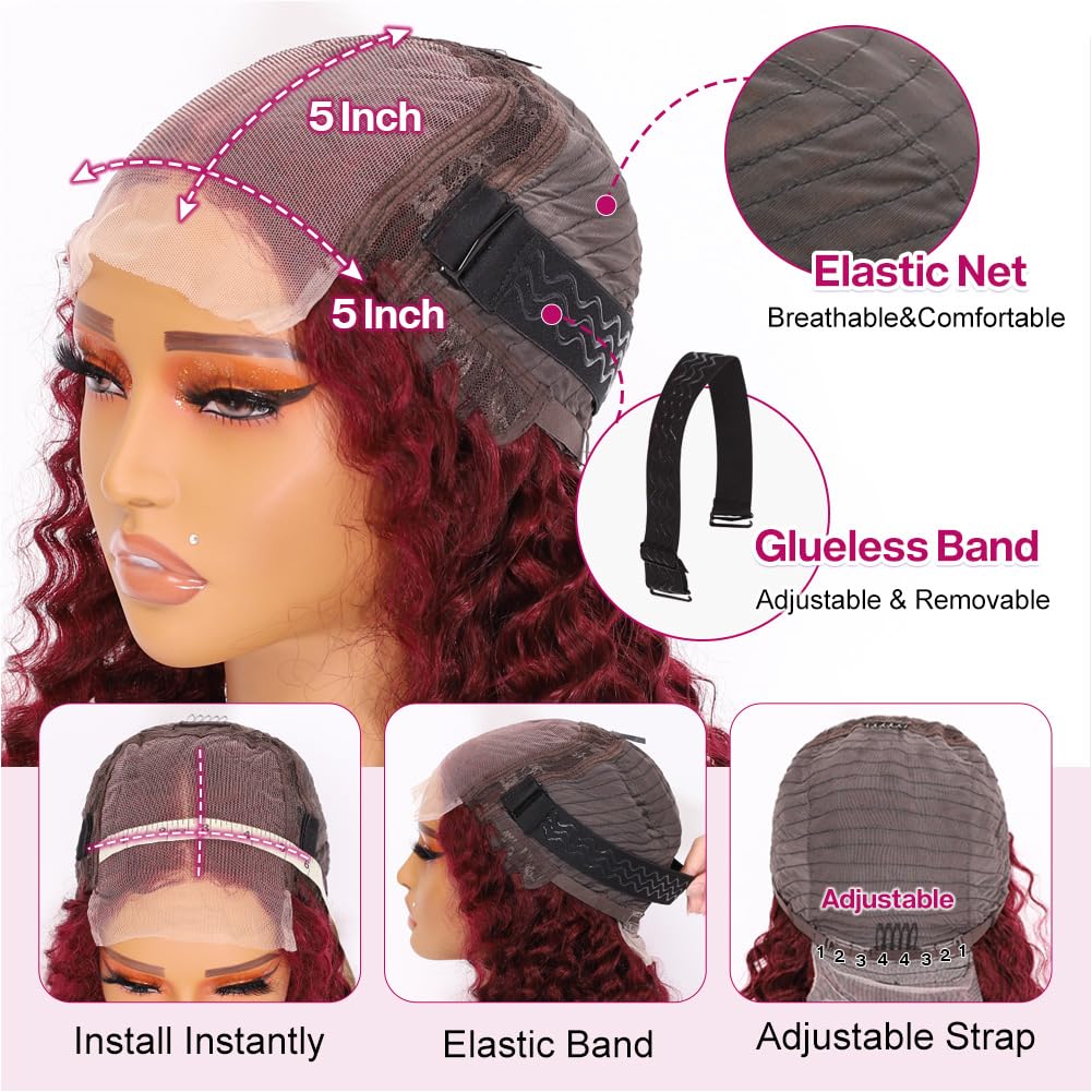 Ailwelia 99j Burgundy Deep Wave Bob Wig 200 Density 5x5 Hd Lace Closure Wigs Human Hair Curly Wigs For Women Deep Wigs Pre Plucked With Baby Hair Deep Wave Bob Burgundy Wig Glueless 14 Inch