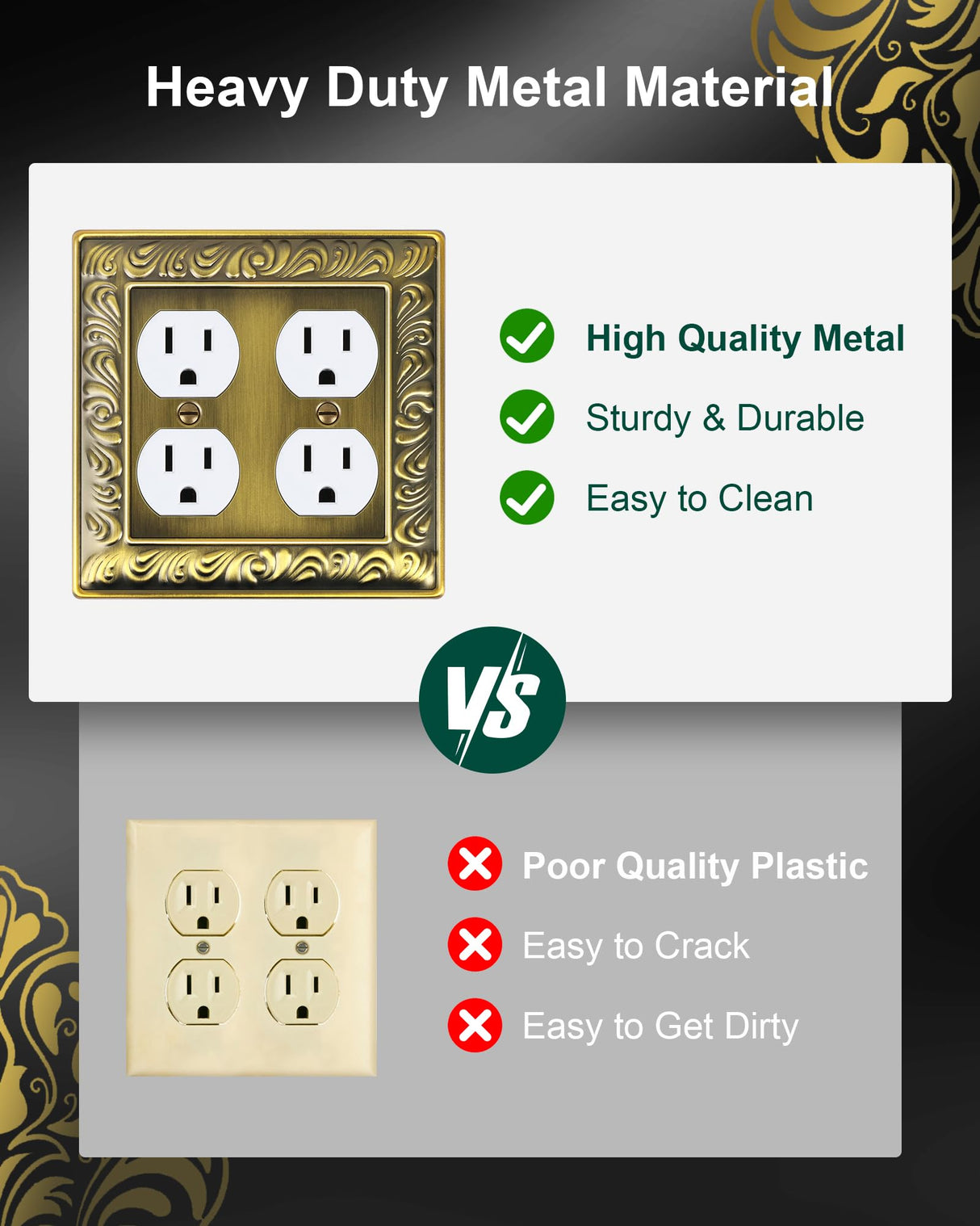 TREEWELL 2-Pack Double Duplex Outlet Cover, Antique Brass Metal Switch Plates and Outlet Covers, Paisley Pattern Decorative Wall Plates for Electrical Outlets, 2 Gang Receptacle Cover