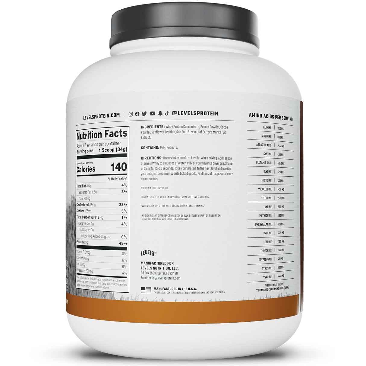 Levels Grass Fed Whey Protein Powder, No Artificials, 24G of Protein, Chocolate Peanut Butter, 5LB