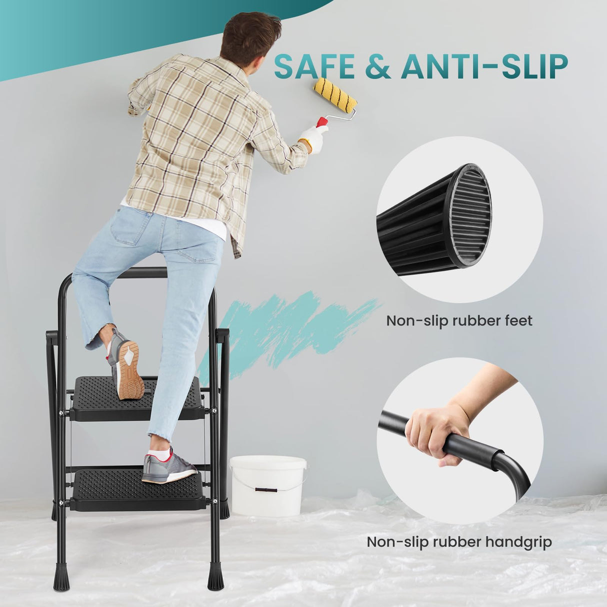Smug Step Ladder, 2 Foldable Step Stool with Anti-Slip Pedal & Handrail