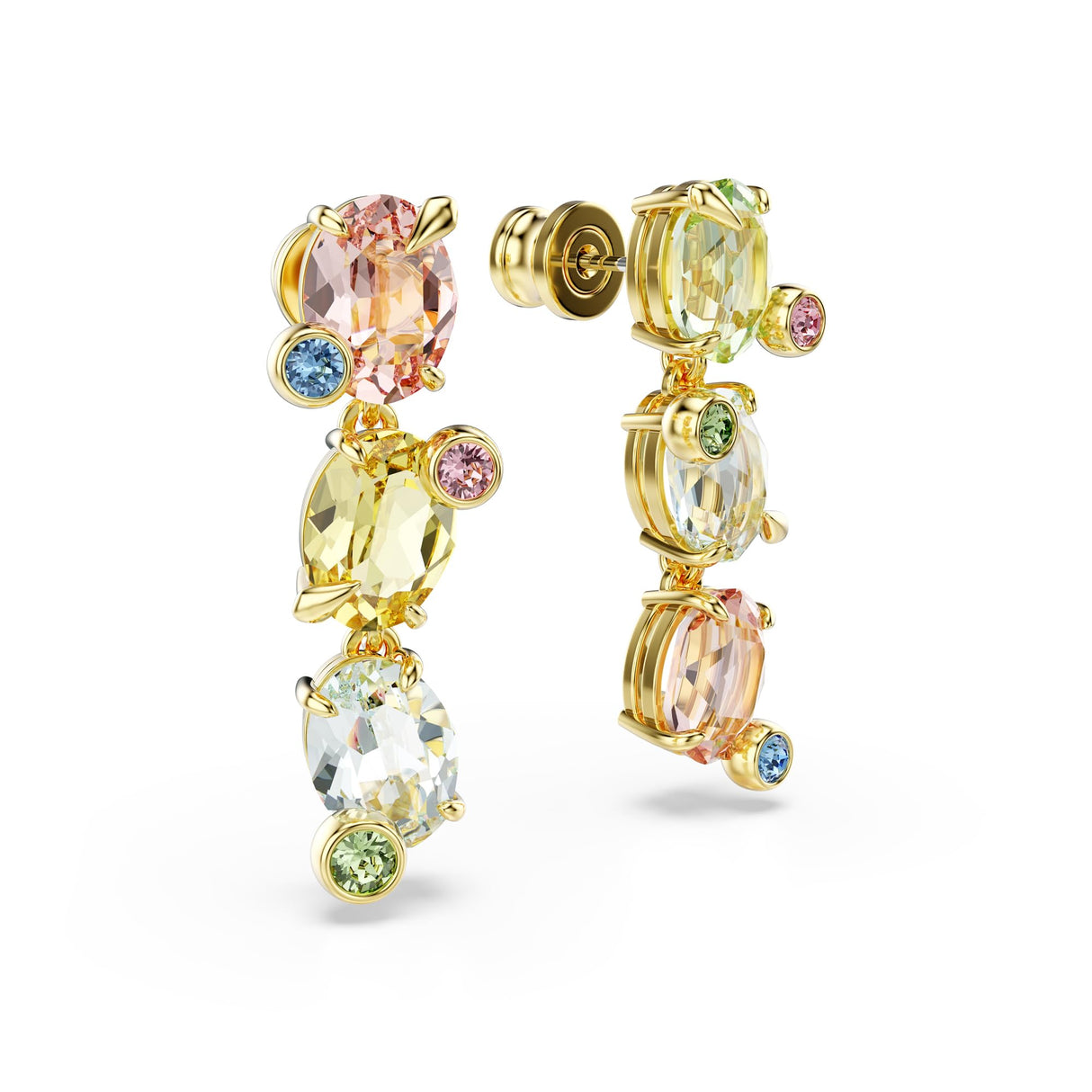Swarovski Gema drop earrings, Asymmetrical design, Mixed cuts, Multicolored, Gold-tone finish