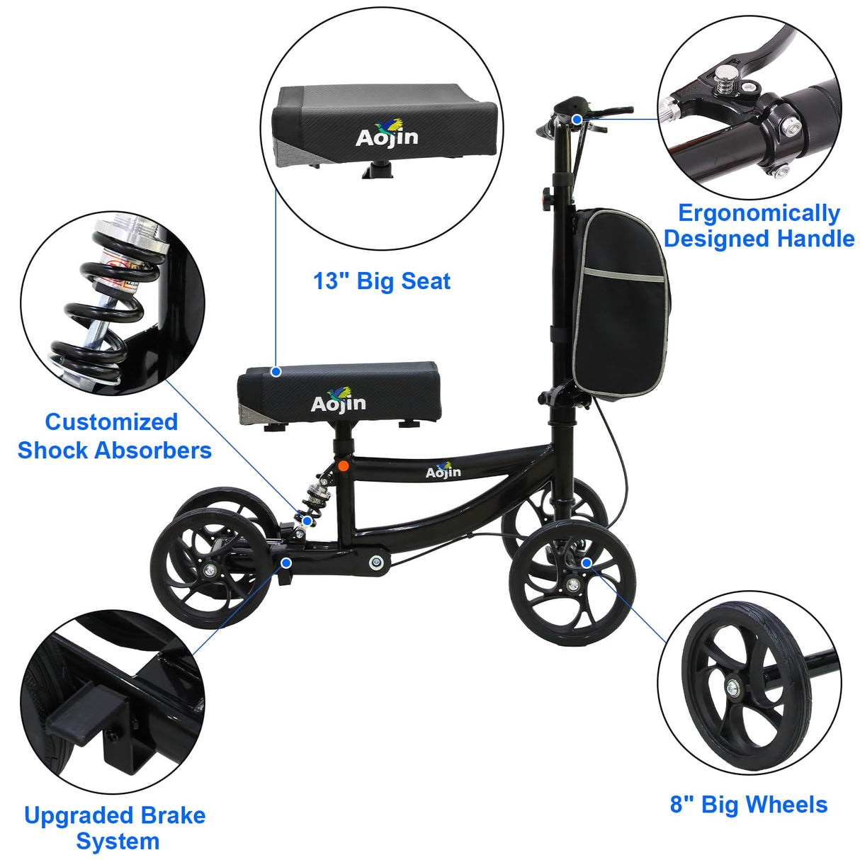 Aojin Knee Scooter, 300lbs Capacity, 13" Big PU Seat, All Terrain Foldable Knee Scooter Walker with Bag for Foot Injuries Compact Crutches Alternative (Black)