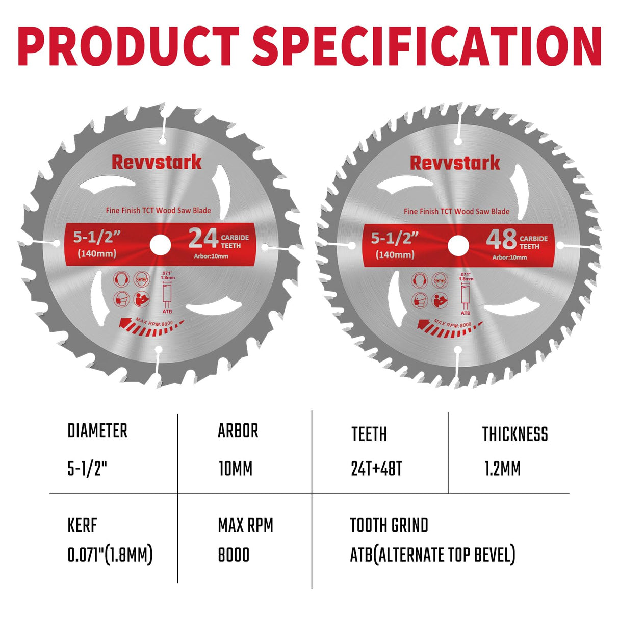 Revvstark 5-1/2" (10mm Arbor) Circular Saw Blades 24T&48T, Carbide Tipped Teeth, Heavy Duty TCT Saw Blades for Cutting Various Wood, Plastic and Composite Materials