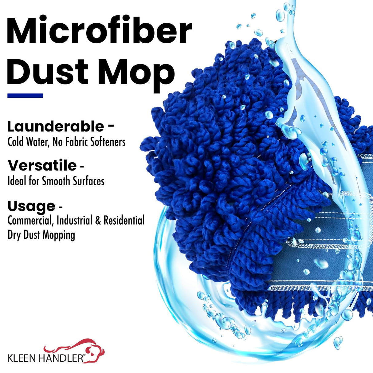 KLEEN HANDLER 3 Pack of 36 Inch Microfiber Dust Mop, Large Washable Commercial Mop Head Replacement, Sweeper, Janitorial Supplies, Blue