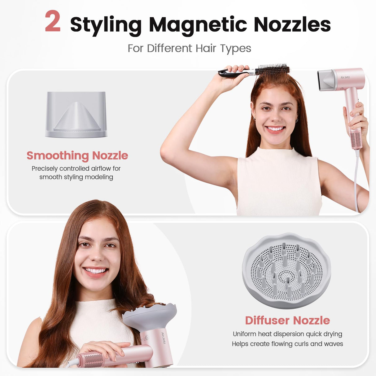 Hair Dryer, 110,000 RPM High-Speed Ionic Blow Dryer for Fast Drying, Professional Lightweight Hairdryer with Diffuser, Magnetic Nozzle, 4 Temps & 2 Speeds, Low Noise for Travel & Home - Pink