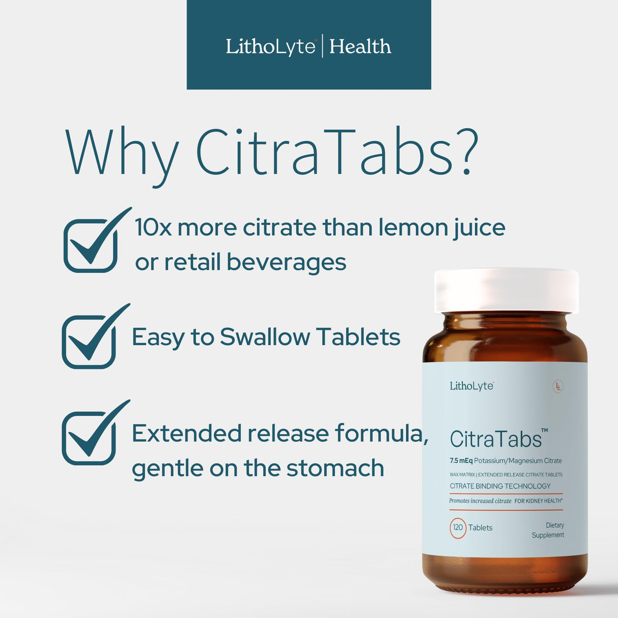 CitraTabs™ | 7.5 mEq | Extended-Release Citrate Tablets | by LithoLyte® | 120 Tablets
