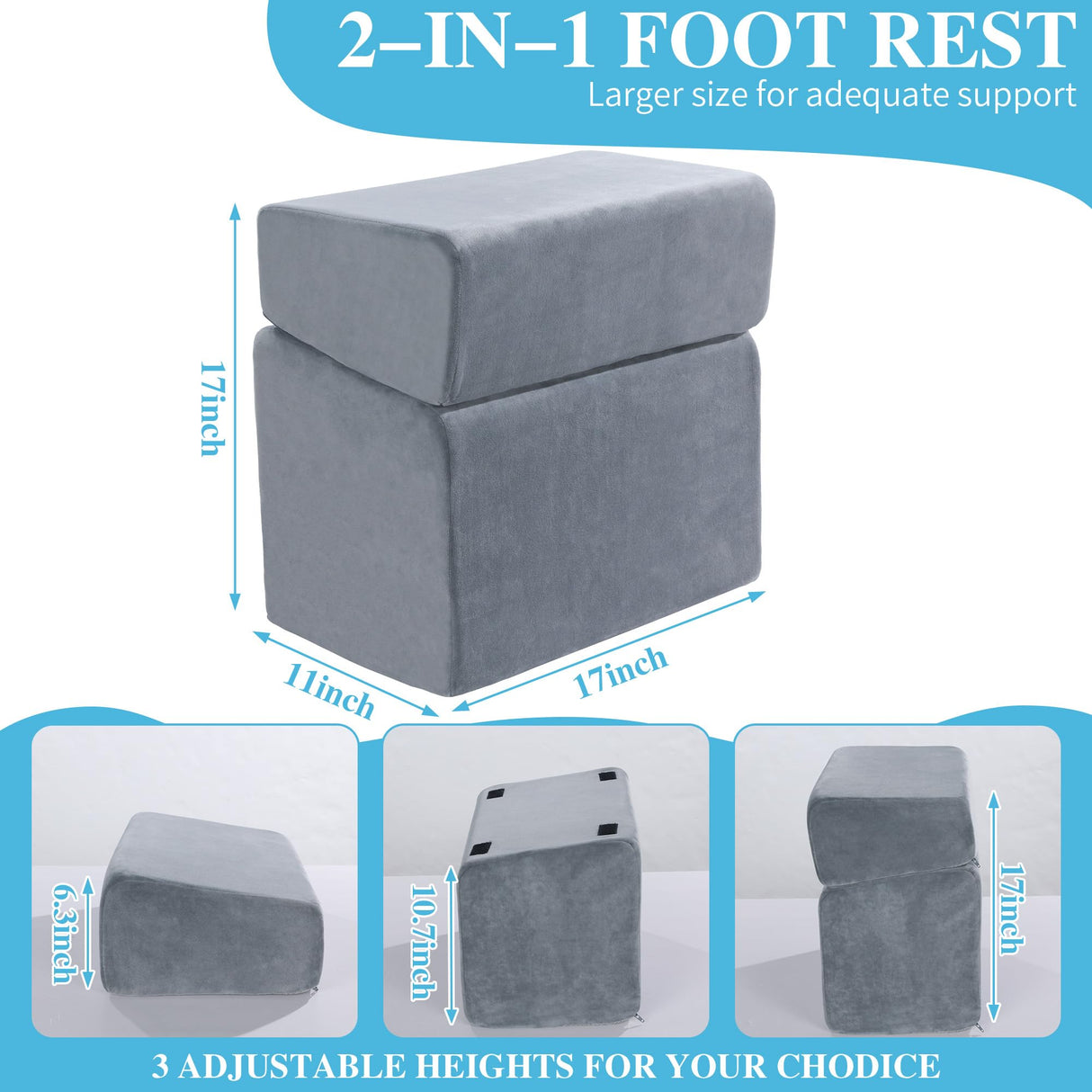 ROYALAY Adjustabl Foot Rest Under Desk for Office, High-Density Foam Foot Rest with 3 Adjustable Heights, Ergonomic Footrest with Washable Cover for Home, Airplane, Travel(17 * 11 * 17in, Gray)