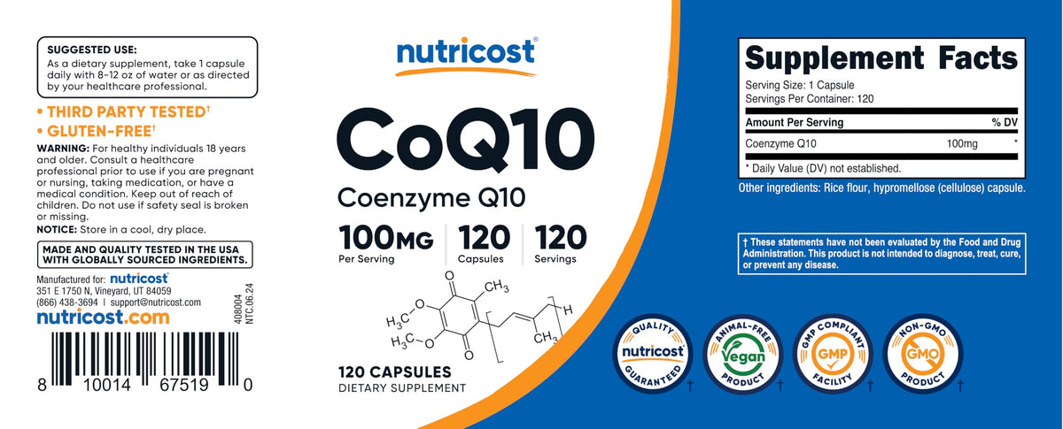 Nutricost CoQ10 100mg, 120 Vegetarian Capsules, 120 Servings, GMO-Free