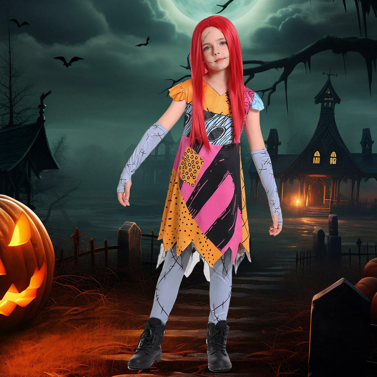 Costume Girls Kids Christmas Nightmare Cosplay Outfit Toddler Halloween Costumes Doll Princess Dress Up Set with Red Wig Tattoo Stickers CA039XXL