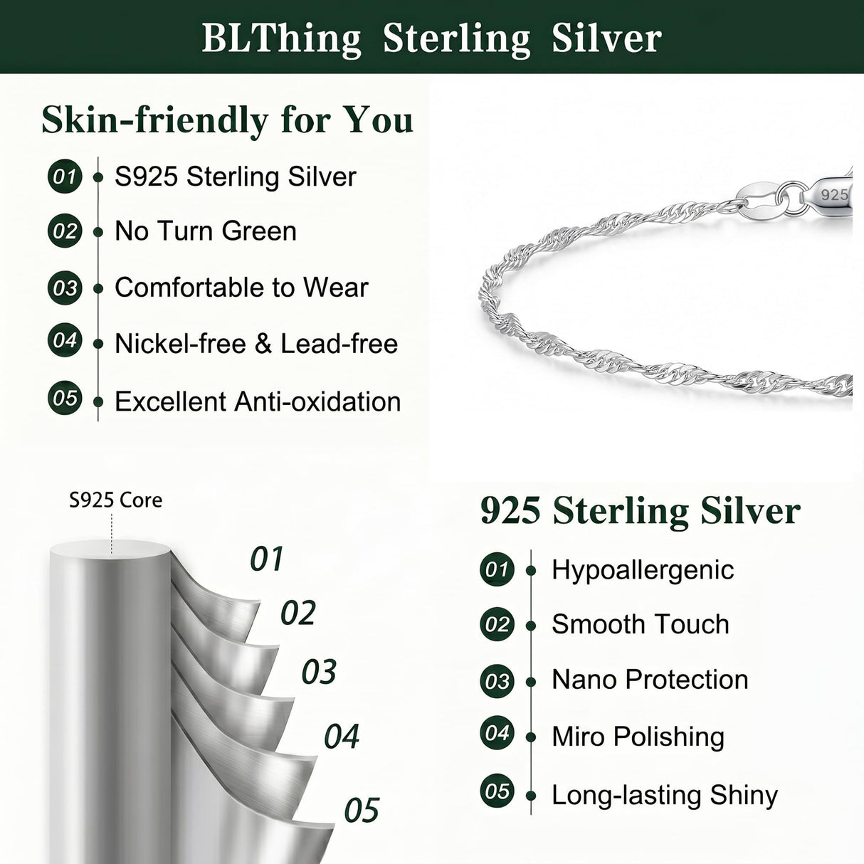 BLThing Silver Bracelets for Women 2.2mm Singapore Twist Bracelet