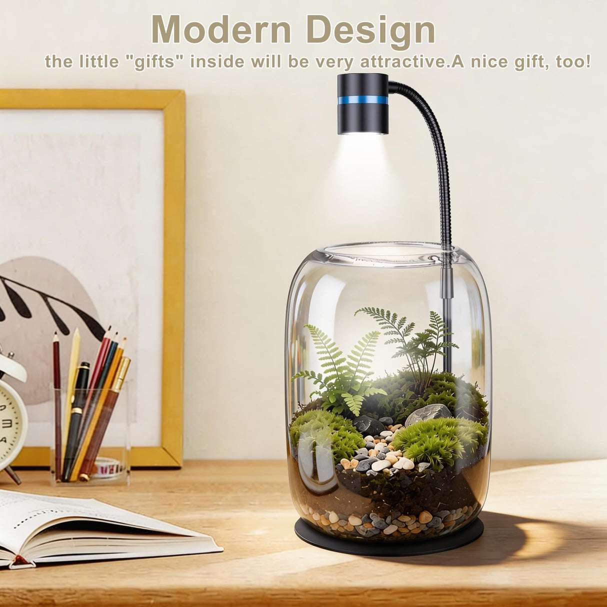 Yeeweek Glass Plant Terrarium with LED Grow Light, Grow Light for Terrarium, Small Desktop Indoor Planter for Venus Fly Trap, Moss & Succulents, Borosilicate Decor Jar for Plant Lovers