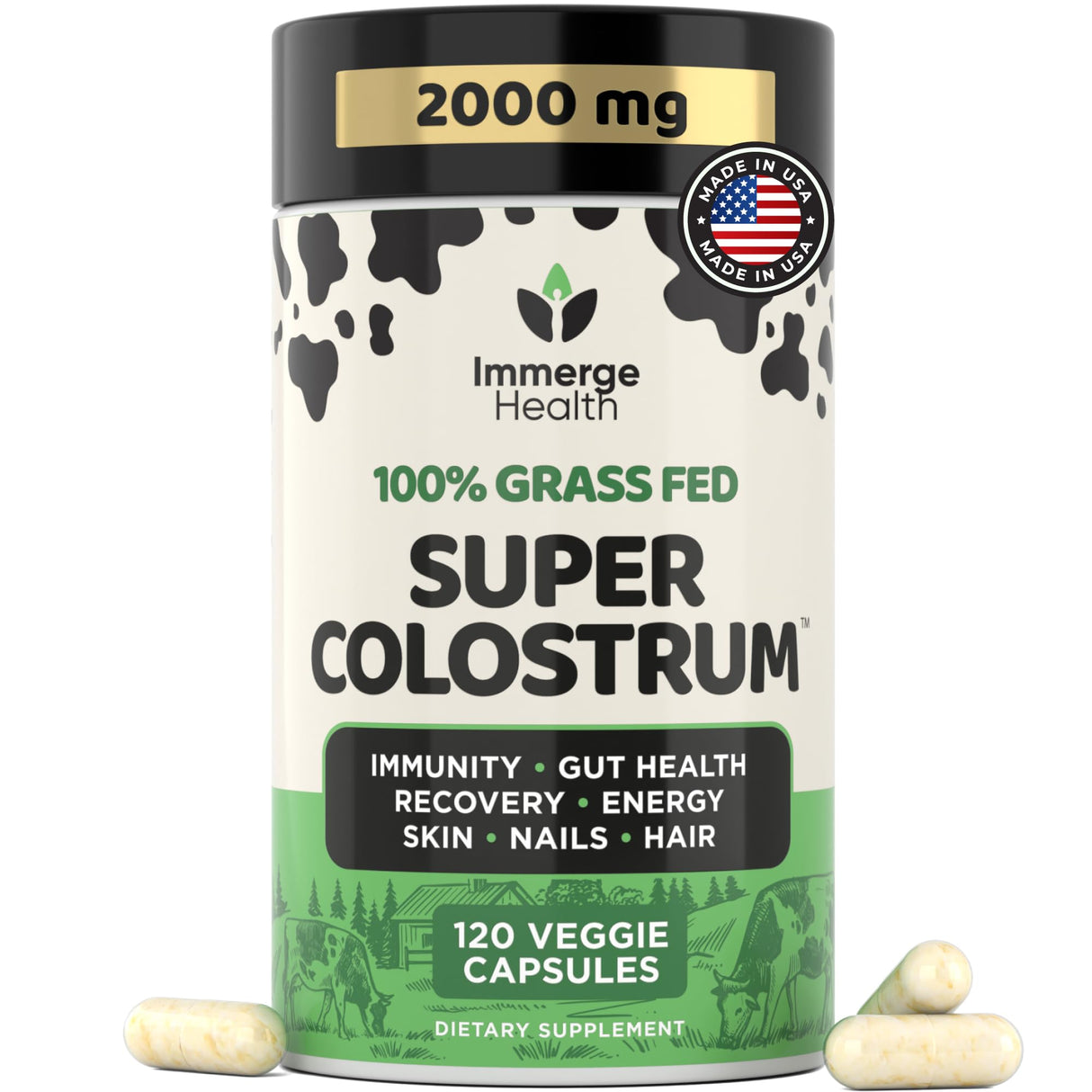 Super Colostrum Grass Fed Bovine Colostrum - 120 Capsules - Gut Health, Muscle Recovery, Energy, Hair, Skin & Immune Supplement | 50% IgG Cow Colostrum for Humans | Superfood, Gluten Free, Unflavored