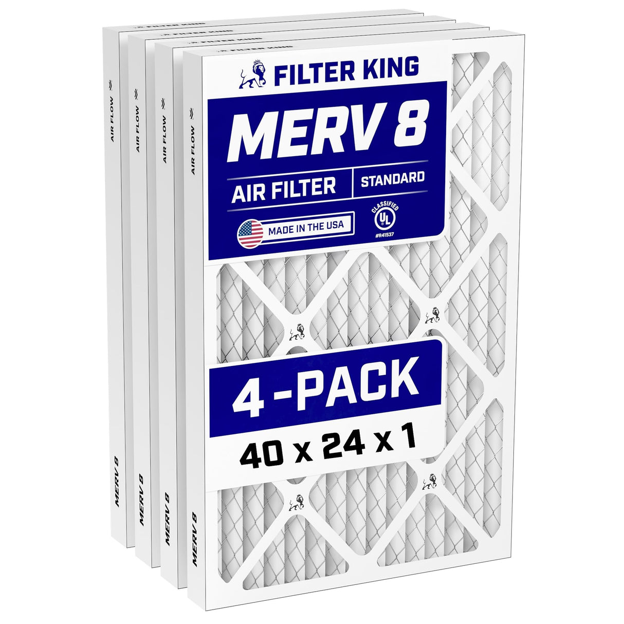 Filter King 40x24x1 Air Filter (MERV 8) (4-Pack) Dust & Allergy Control AC Furnace Filters, MADE IN USA, HVAC, Pleated, Electrostatic (Actual Size: 40 x 24 x .75)