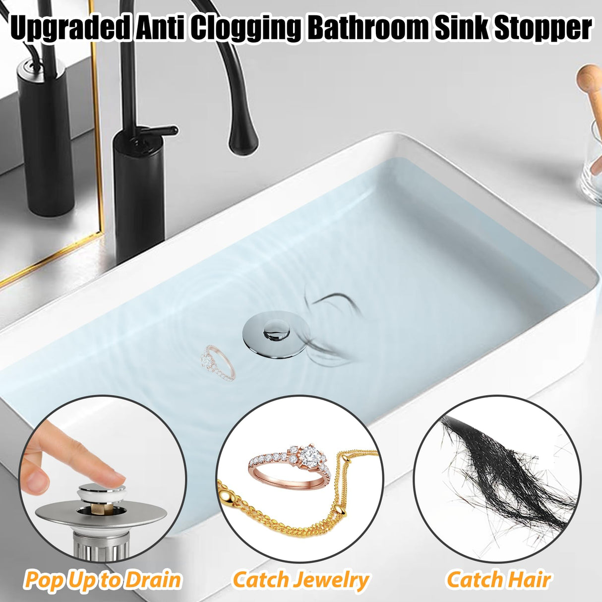 Anlige 3 in 1 Pop Up Bathroom Sink Stopper, Bathroom Sink Drain Strainer, with Removable Basket Hair Catcher, Universal Sink Plug Cover for 1.06 in to 1.6 in Drain, Brushed Nickel