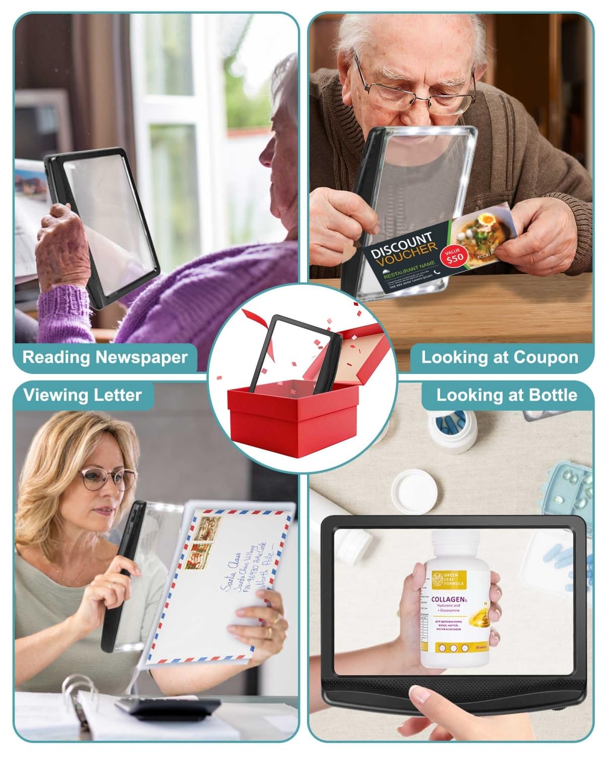 5X Rechargeable Magnifying Glass for Reading, Large Bright LED Lighted Full Page Magnifier, Lightweight Rectangular Handheld Magnifier with Light for Reading Small Prints for Seniors, Low Vision