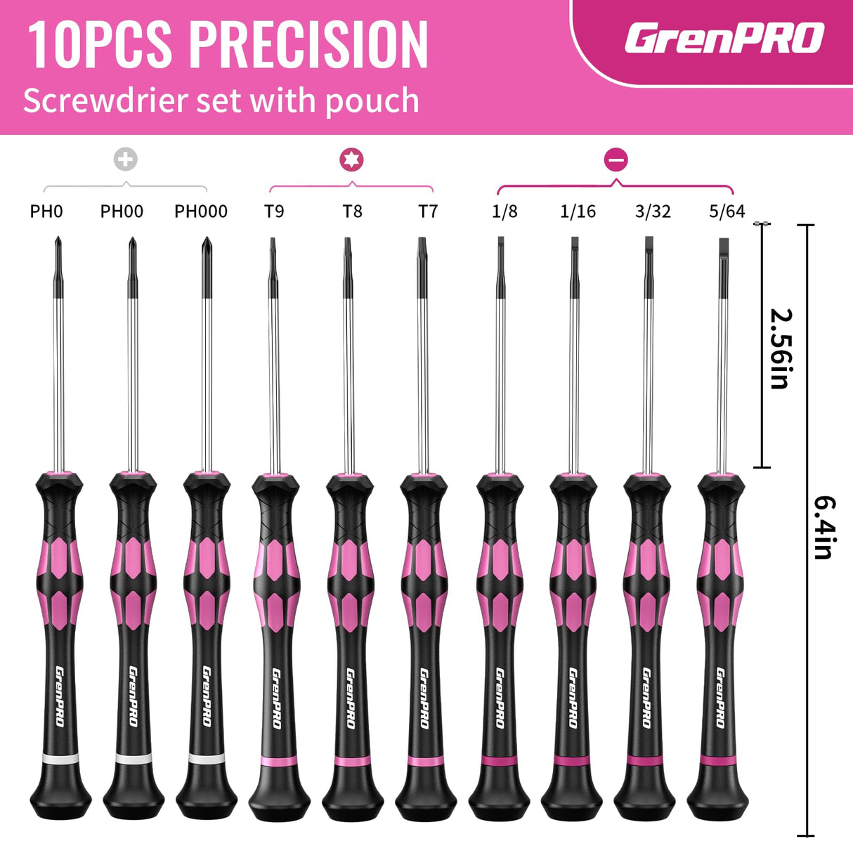 GRENPRO 10-Piece Precision Screwdriver Set, Magnetic Small Screwdrivers with Phillips, Slotted, Torx Star for Eyeglass, Watch, Computer, Laptop, Phone,Pink