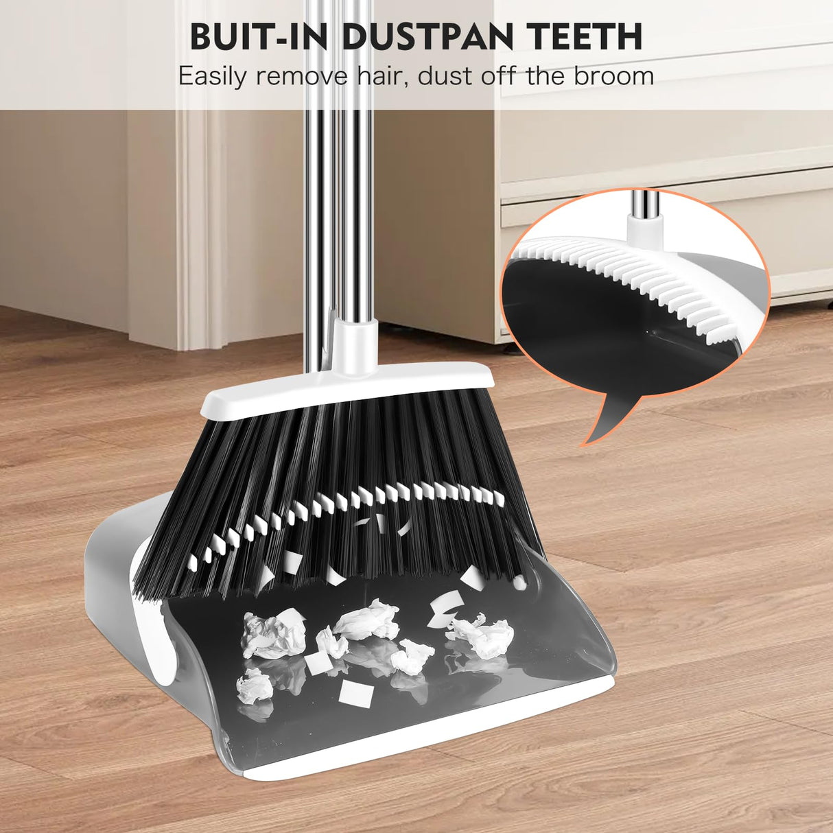 NACENA Broom and Dustpan Set, 55-in Long Adjustable Handle Broom Dustpan Combo with Dustpan Teeth to Automatically Clean Hair Suitable for Home Kitchen Office Hall Floor, Large(Grey&White)