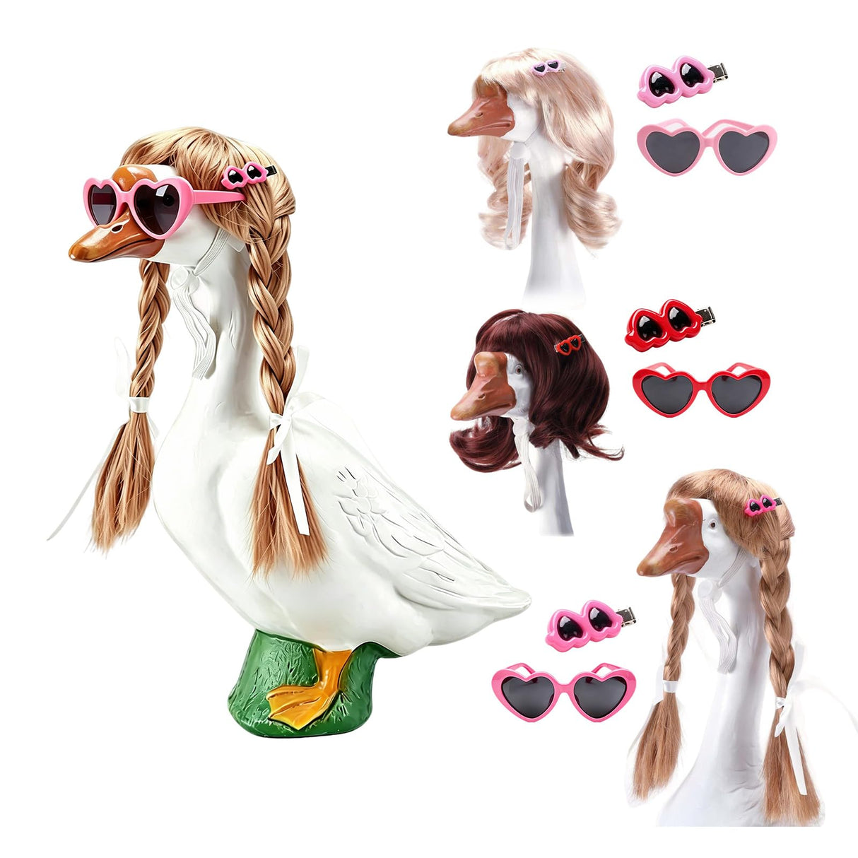 YFFSQXH 3 Styles Porch Goose Wig Set with Heart Sunglasses & Hair Clips - Themed Braid Wig Set (9 Pieces Total) for 17/23 Inch Lawn Goose Statue, Adjustable Outdoor Garden Decor
