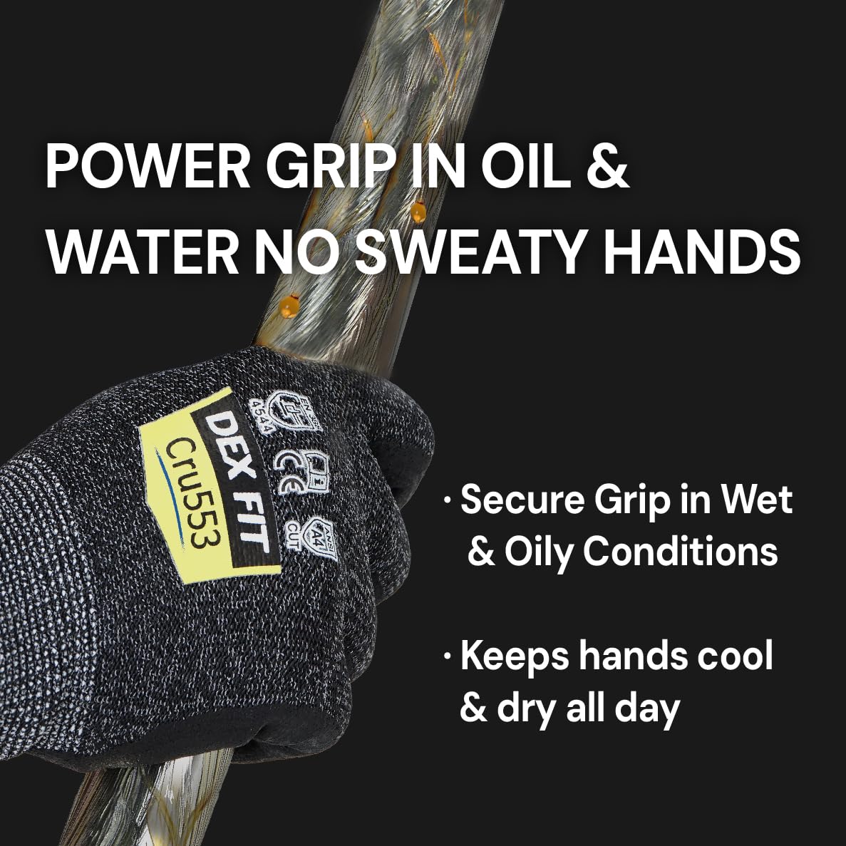 DEX FIT Level 5 Cut Resistant Gloves Cru553, 3D-Comfort Stretchy Fit, Power Grip, Professional Grade, Thin, Touch-Screen Compatible, Durable, Machine Washable; Black Grey XL (10) 12 Pairs