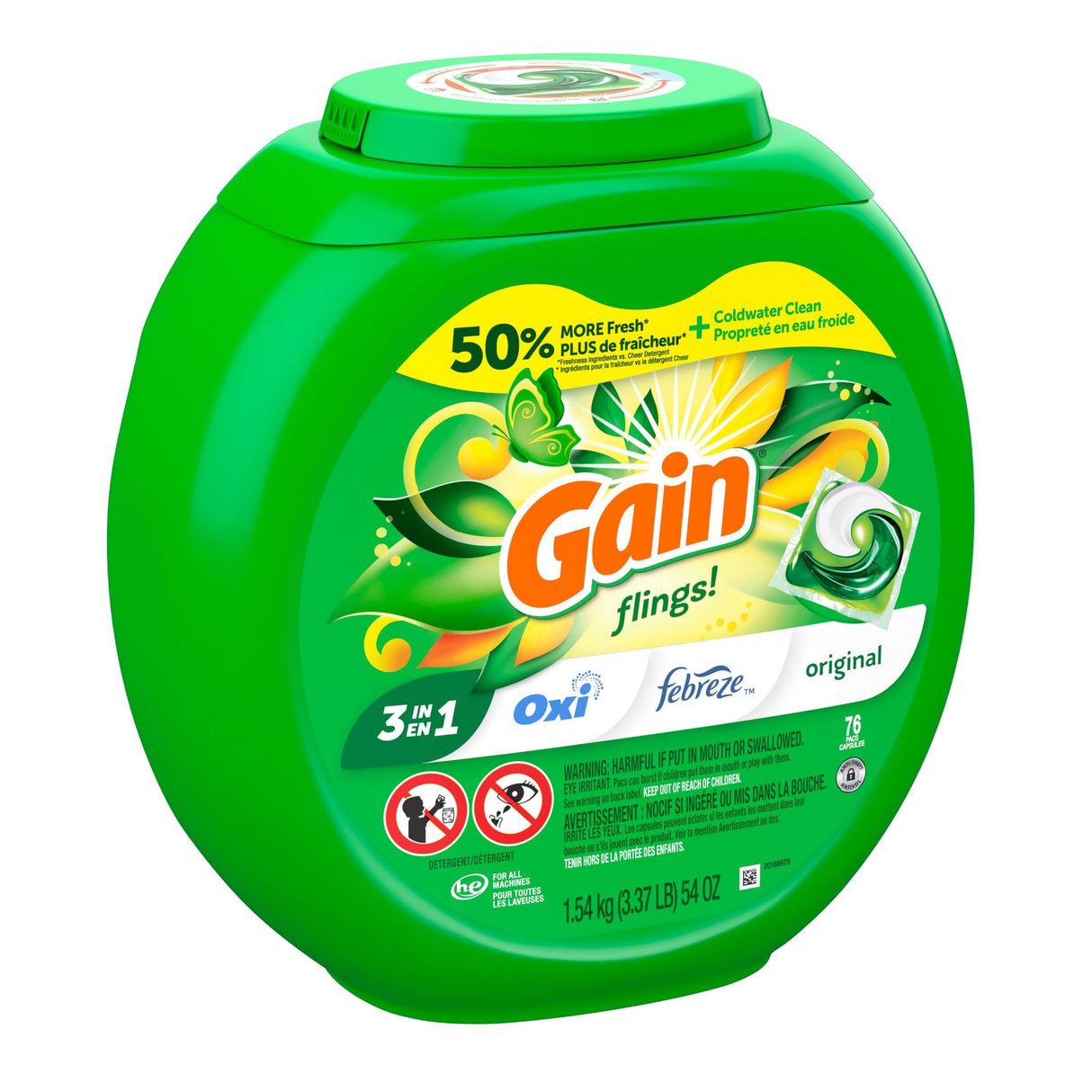 Gain flings Laundry Detergent Soap Pacs HE Compatible Long Lasting Scent, Original Scent, 76 Ct, Gain Laundry Detergent