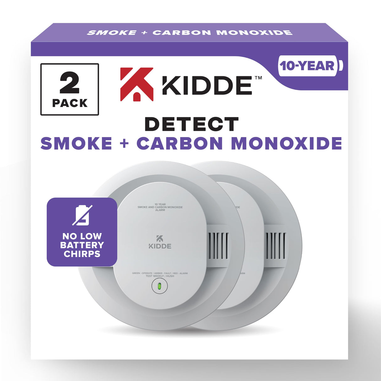 Kidde Smoke & Carbon Monoxide Detector, 10-Year Battery Powered, LED Warning Light Indicators, 2 Pack