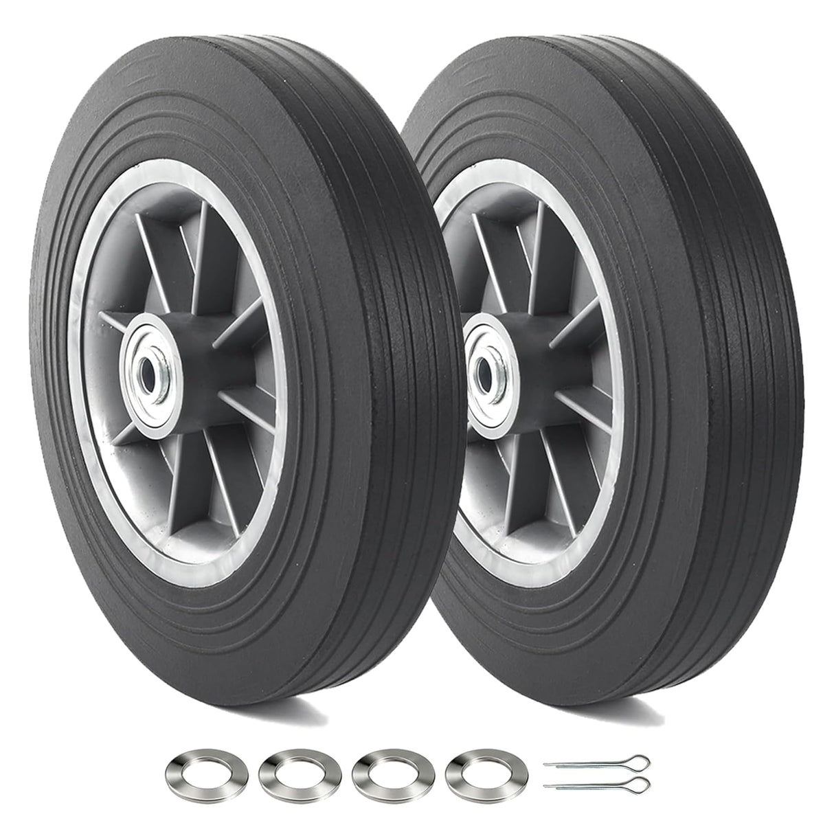 AR-PRO (2-Pack) 10'' x 2'' Flat Free Solid Rubber Tire and Wheel, 3/4" & 5/8" & 1/2" Axles Bore Hole with 2.23" Offset Hub, Replacement 10 Inche Wheel for Dolly Hand Trucks and Wheelbarrows