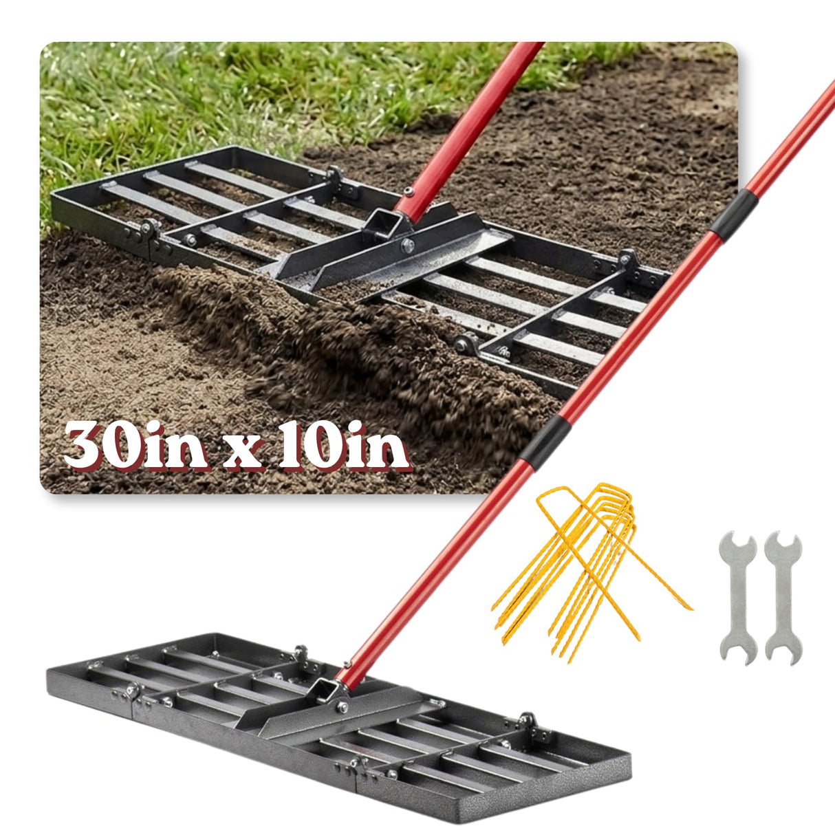 Zenhosit Lawn Leveling Rake - Lawn Leveler with 78" Adjustable Steel Handle, 30"x10" Ground Plate for Yard, Grass, Level Soil, Dirt Ground or Golf Field