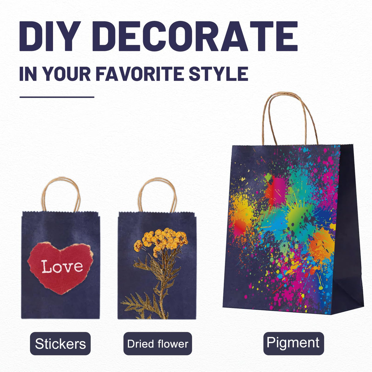 LIHOMR Gift Bags 8.25" x5.9 x3.15 100Pcs Paper Bags with Handles,kraft paper Bags for Small Business Christmas Bags, Wedding, Party Favor, Shopping, Lunch, Halloween Trick-or-Treat(Navy blue)