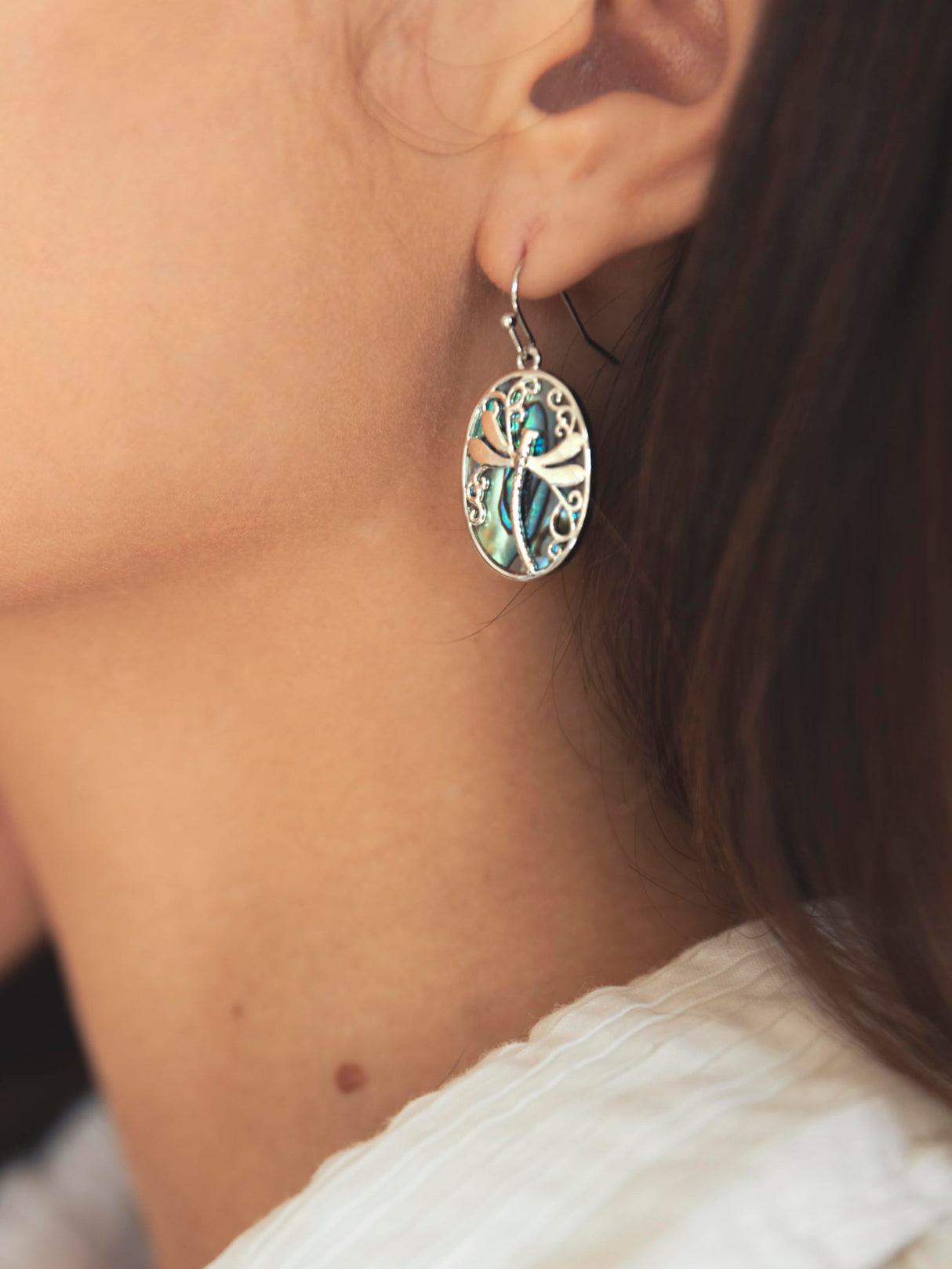 Barzel 18K White Gold Plated Created Abalone Dragonfly Dangling Earrings for Women - Made in Brazil