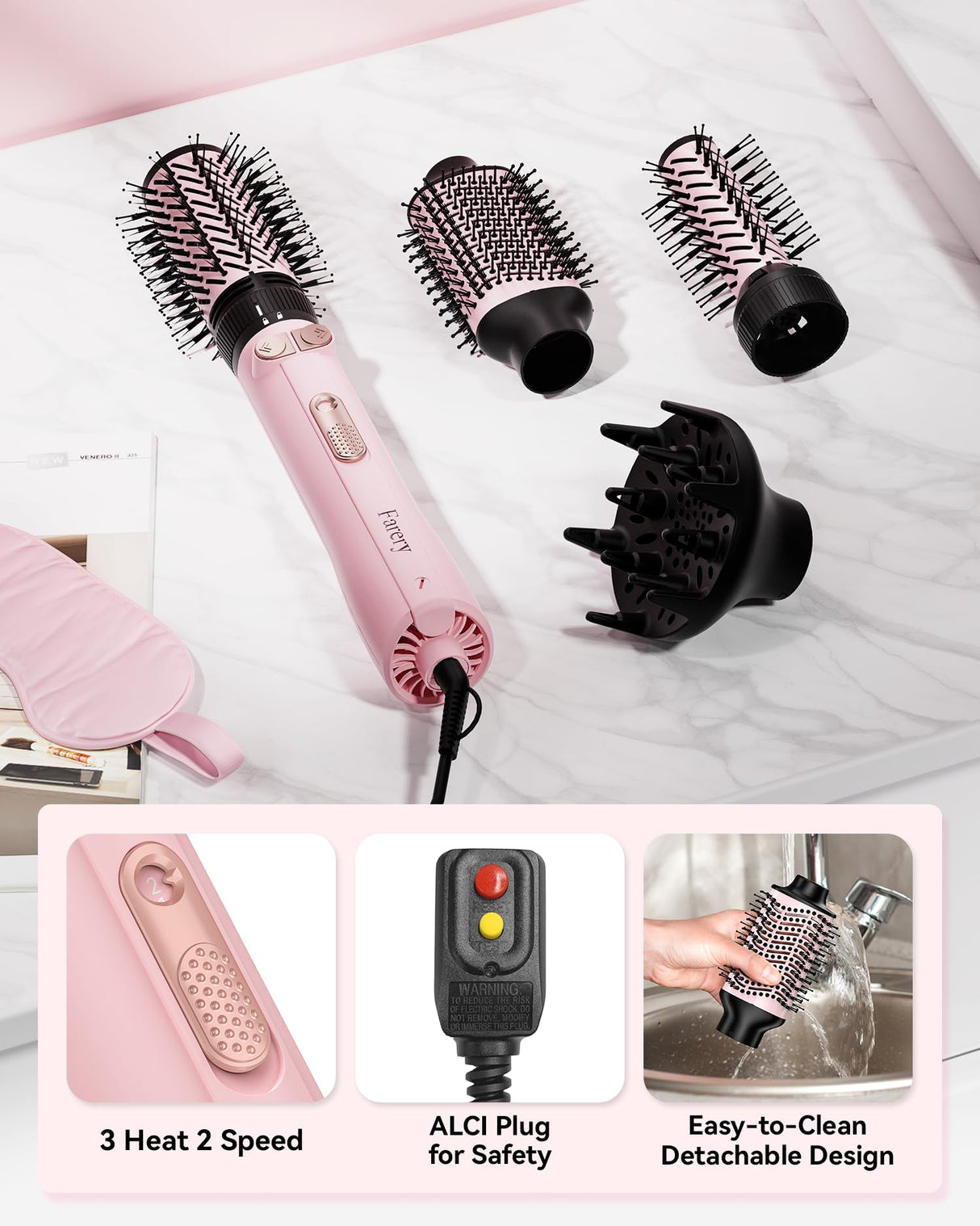 Farery 4-in-1 Rotating Blow Dryer Brush Set | Oval Volumizing Barrel, 1.5" & 2" Rotating Brushes, and Diffuser | All-in-One Hot Air Brush for Fast Drying, Volumizing, and Smoothing