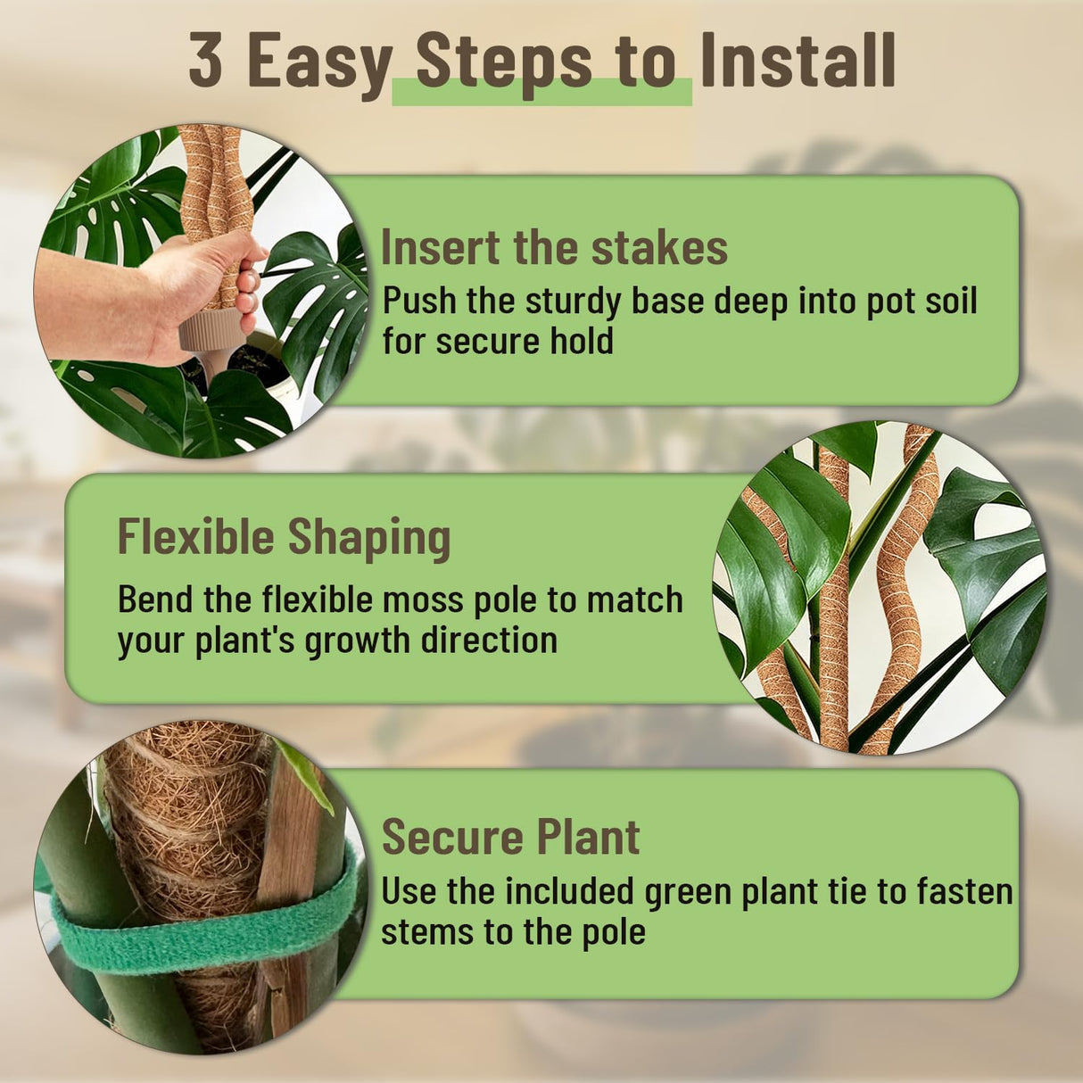 3-in-1 Moss Pole, Bendable 30IN Monstera Plant Support for Indoor-2 Pack