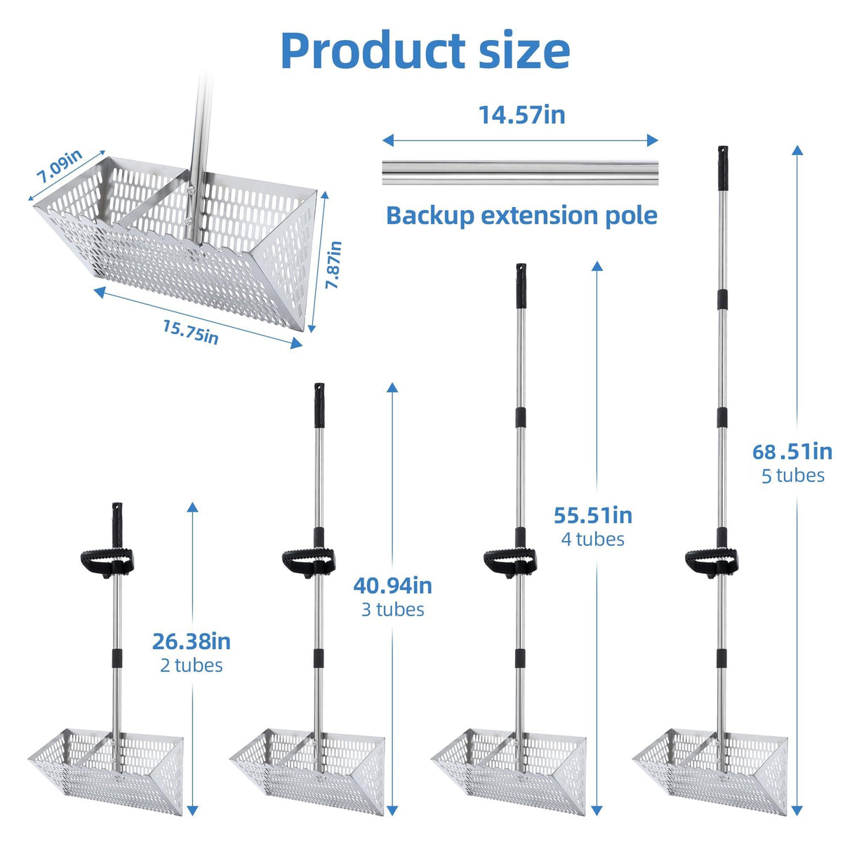 Large Stainless Sand Flea Rake Shark Tooth Sifter Comes Long Handle Sand Sifter for The Beach, 5-Section with Hand rake 16-Inch Wide Mesh Screen for Collecting Fleas , Shark Teeth, and Seashells