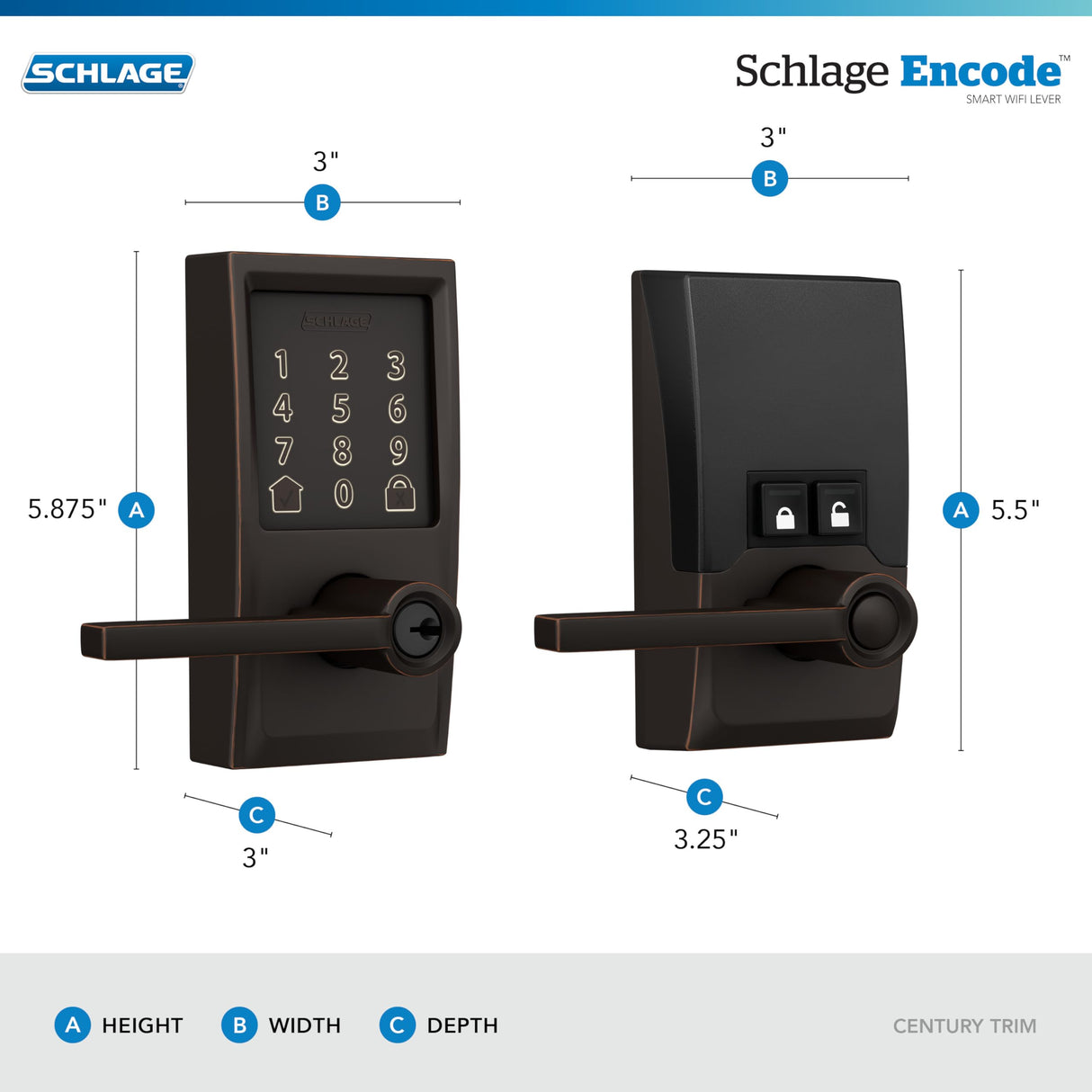 Schlage Encode Smart Wi-Fi Lock with Lever Handle, Touchscreen Keypad, Keyless Entry Door Lock, App Control, Alexa, Google Home and Airbnb Compatible, Aged Bronze, FE789WB CEN 716 LAT