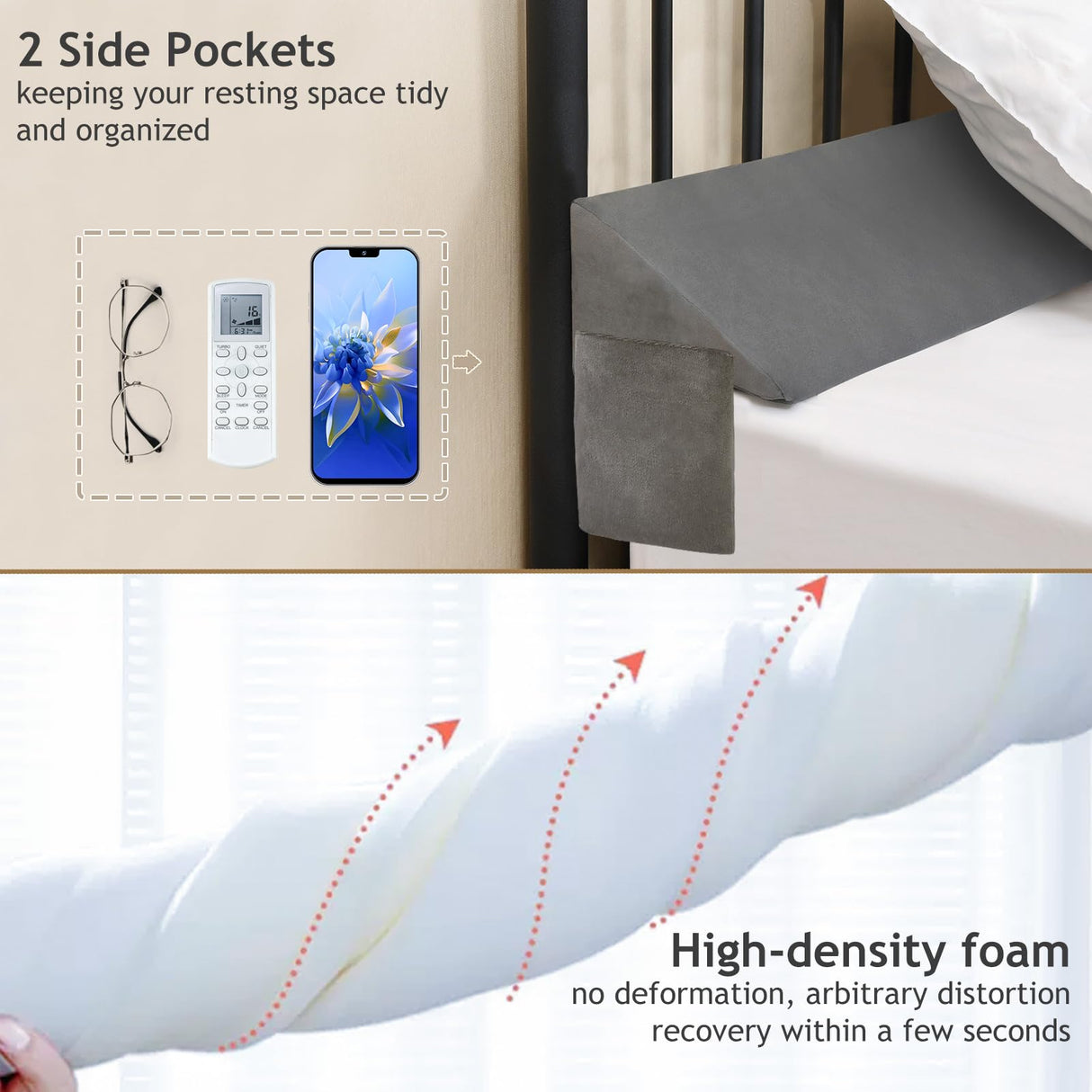Vekkia Queen Bed Wedge Pillow for Headboard Gap Filler(0-3.5"),High-Density Foam,Prevents Pillows & Items Loss,Ergonomic Design,Large Storage Pockets,Removable&Washable Cover,Gray,60"x7"x5"