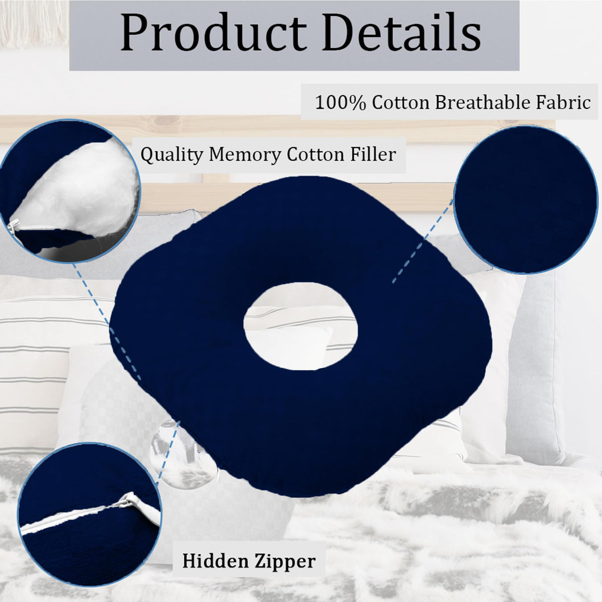 Wuronsa Ear Piercing Pillow for Side Sleepers, Pillow with an Ear Hole for CNH and Ear Pain Ear Inflammation Pressure Sores, O-Shaped Side Sleeping Pillow, Ear Guard Pillow (Ink-Blue)