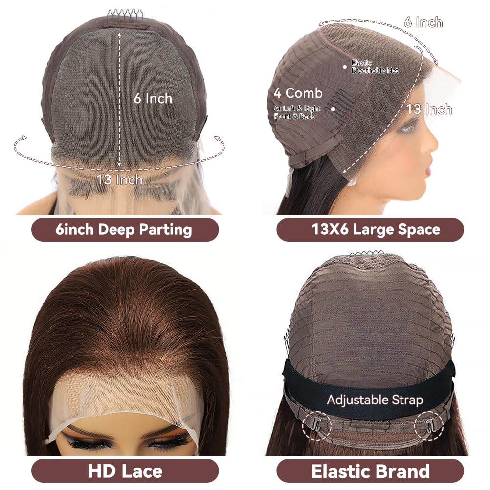 30inch Chocolate Brown Lace Front Wig Human Hair 13x6 Hd Lace Frontal Wigs Human Hair 200 Density Body Wave HD Lace Front Wigs Human Hair pre Plucked Colored Wigs for Women