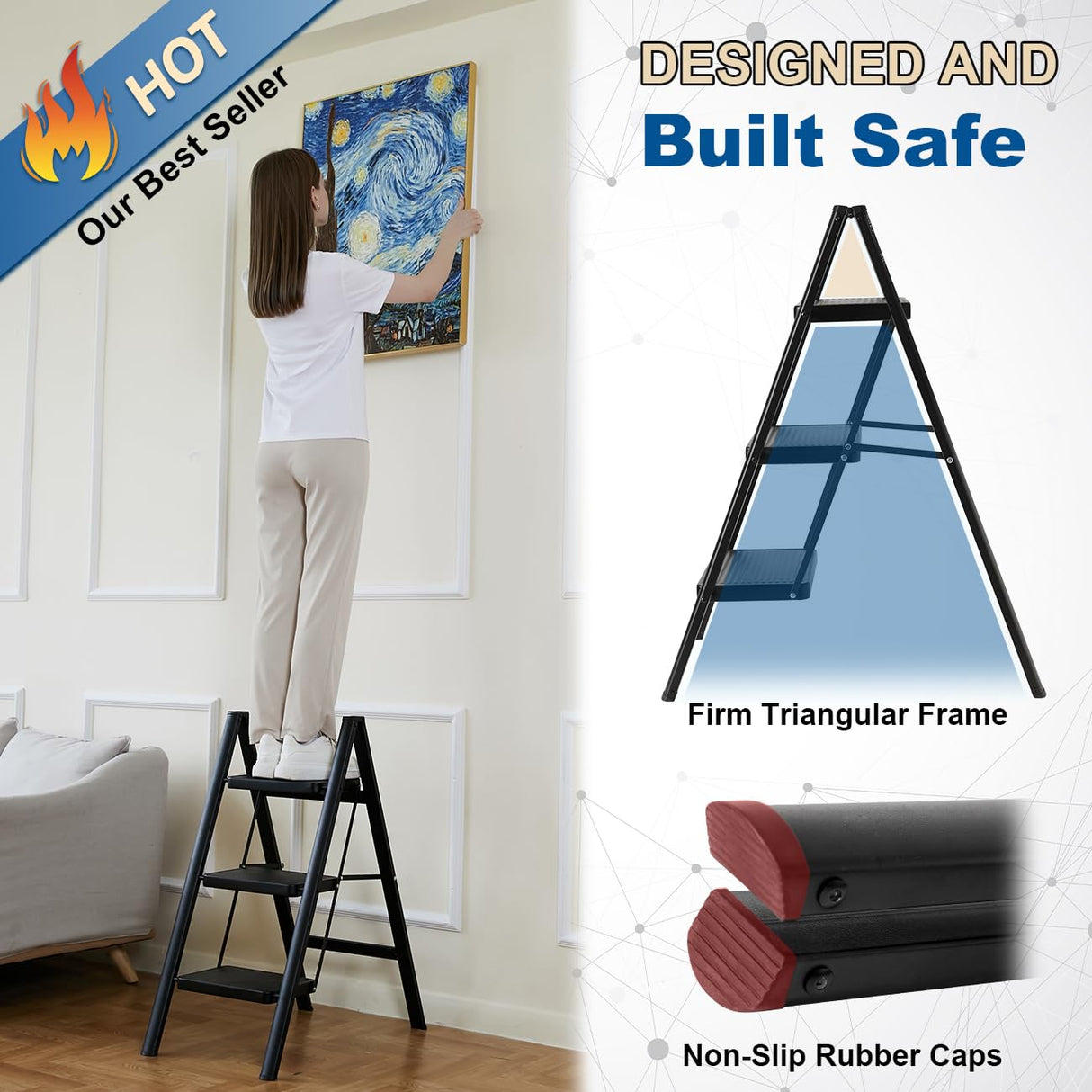 Double Elite Folding 3 Step Ladder, Sturdy 330 Lbs Load Small Step Stool for Adults, Safer Full Steel Multi-use Kitchen Ladder for Home, Closet Step Stool Ladder with Wide Pedals, Black, 3-Step