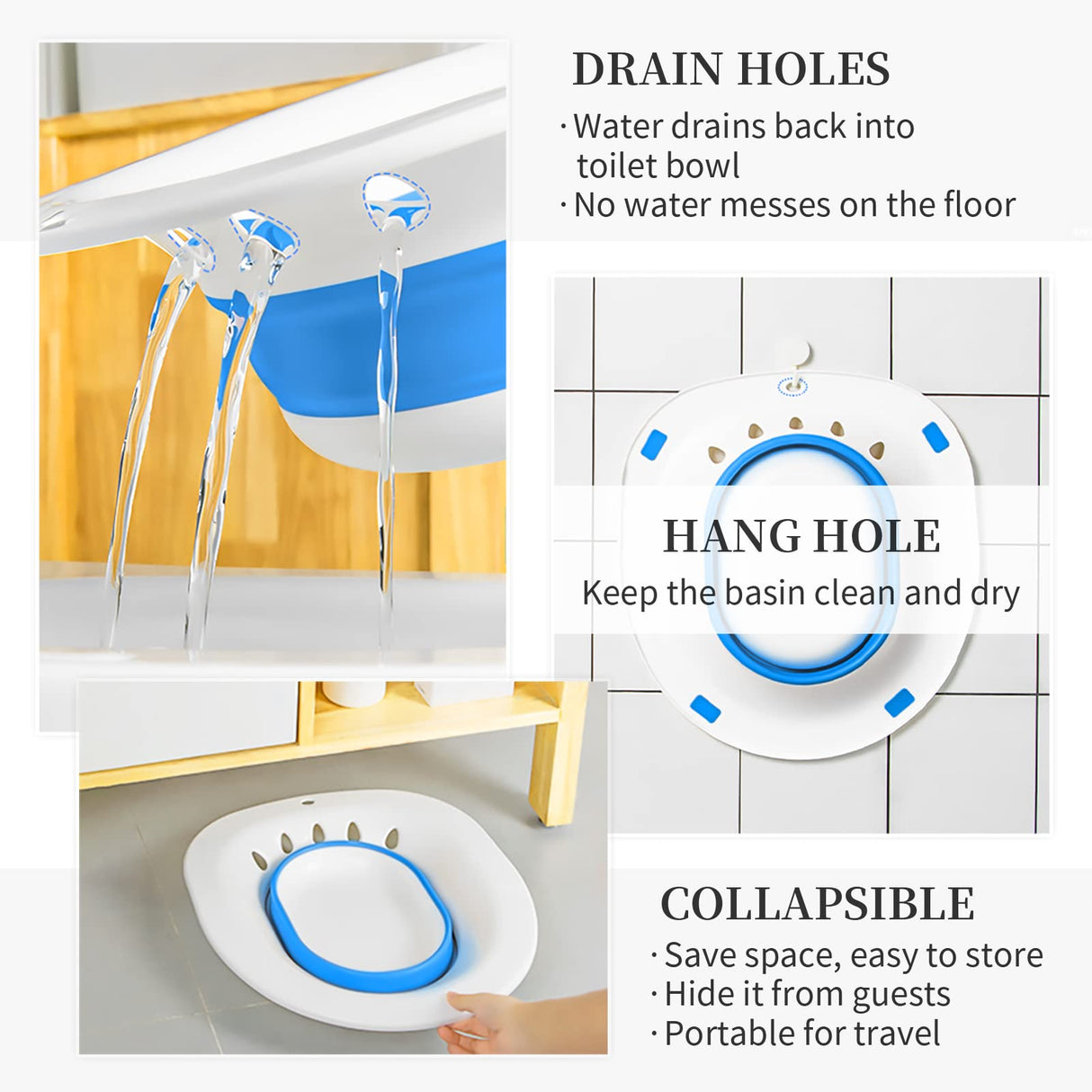 Sitz Bath for Toilet Hemorrhoids Postpartum Care, Perineal Soaking Bath Over The Toilet Seat, Collapsible Sitz Basin with Flusher for Vaginal Anal Inflammation Treatment, Yoni Steam Seat, White/Blue