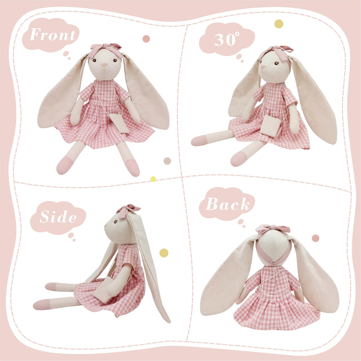 Mikee Fluffie 15" Bunny Stuffed Animal for Girls, Plush Toy Doll -Wearing Pink Plaid Dress,Cute Doll Set Dress Up for 3 4 5 Year Old Girl - Gift for Little Girl, Birthday, Easter,Christmas…