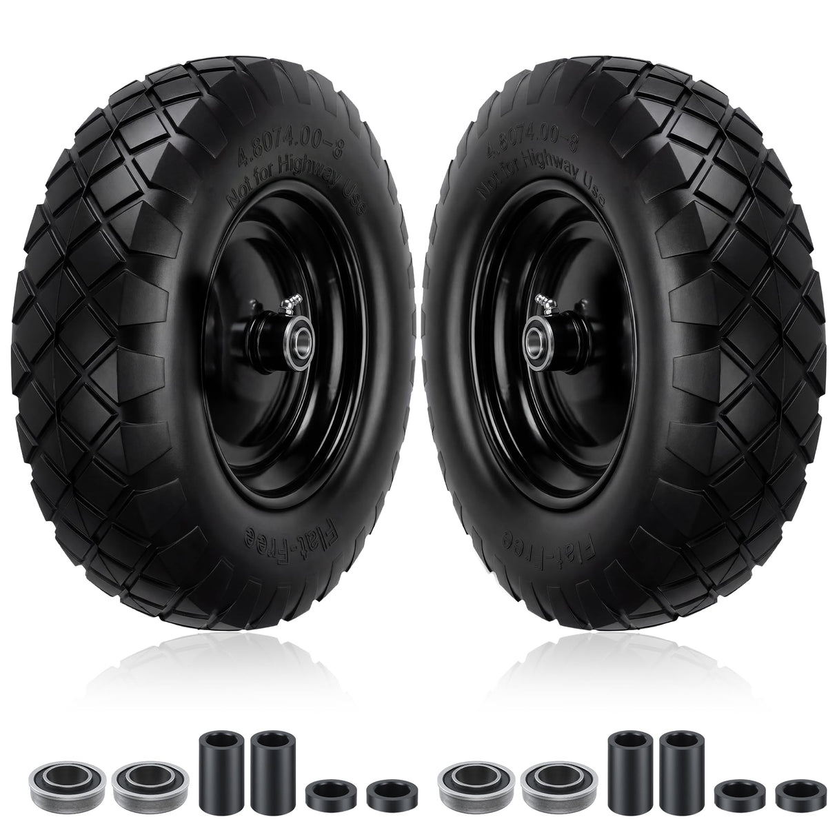 Upgraded 16" Flat Free Wheelbarrow Tire and Wheel, 4.80/4.00-8 Heavy Duty Solid Tire with 5/8" & 3/4" Bearings, 3"-7" Adjustable Hub - Universal for Wheelbarrows, Garden Trailer/Hand Truck - Black
