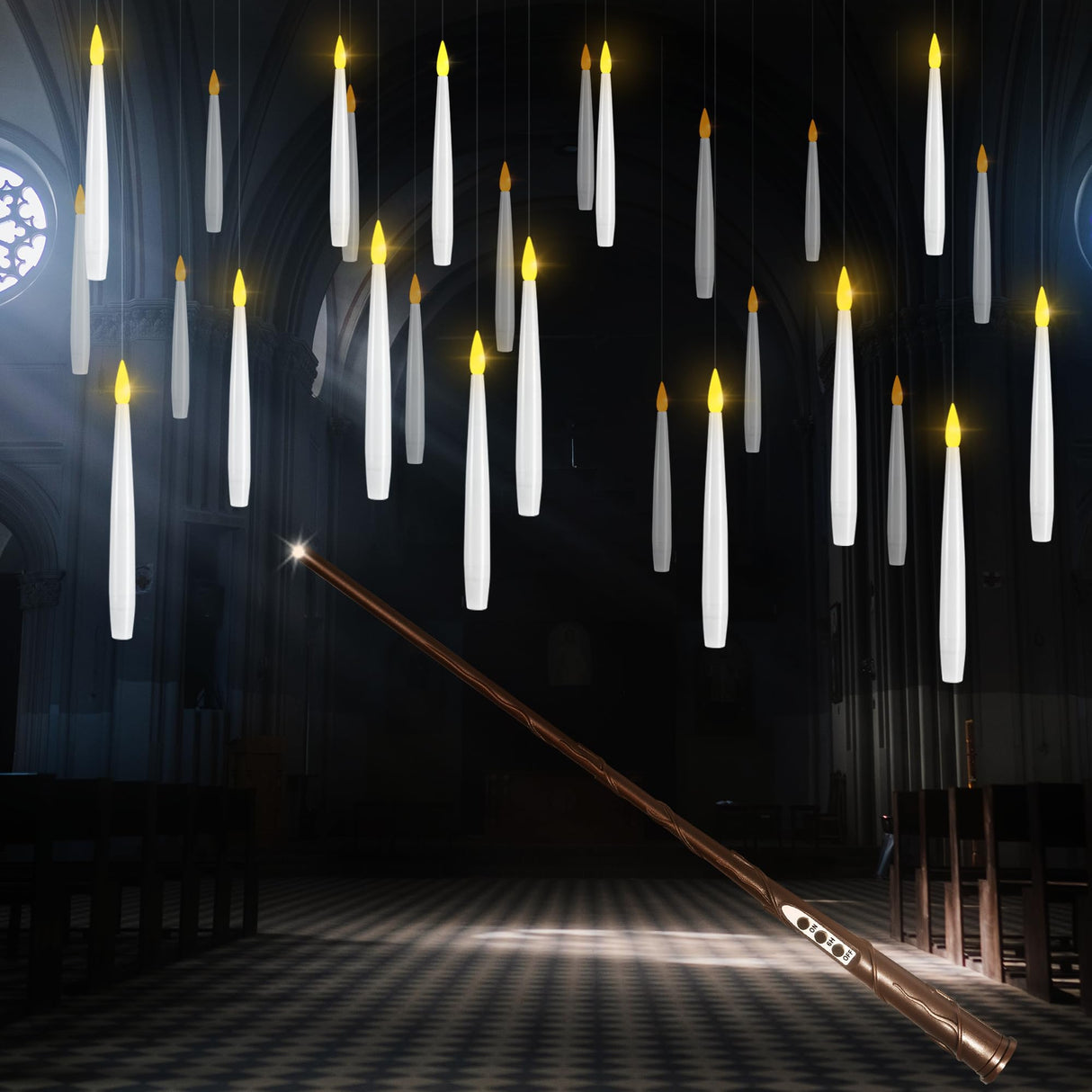 LUSHARBOR Floating Candles with Wand, 10 Pack Halloween Flameless Candles Battery Operated LED Taper Hanging Electric Candle for Christmas Halloween Birthday Party Decor 6.1in